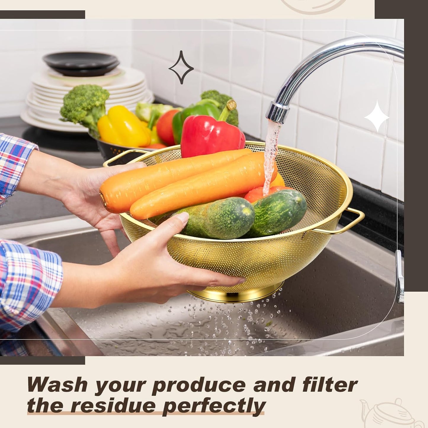 Norme 7 Quart Stainless Steel Gold Colander and 3 Pcs Gold Fine Mesh Strainer, Stainless Steel Pasta Rice Food Metal Strainer with Handles, Easy Clean and Dishwasher Safe