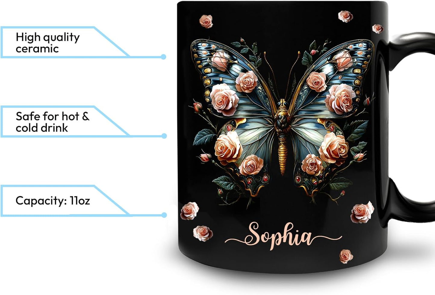 Hyturtle Personalized Butterfly 2D Print Mug - Butterfly Gifts For Women Lovers - Animal Gift For Bird Lover Her - Bird Gifts For Mom on Mother Day - Custom Name Coffee Cup Ceramic Mug 11 Oz 15 Oz