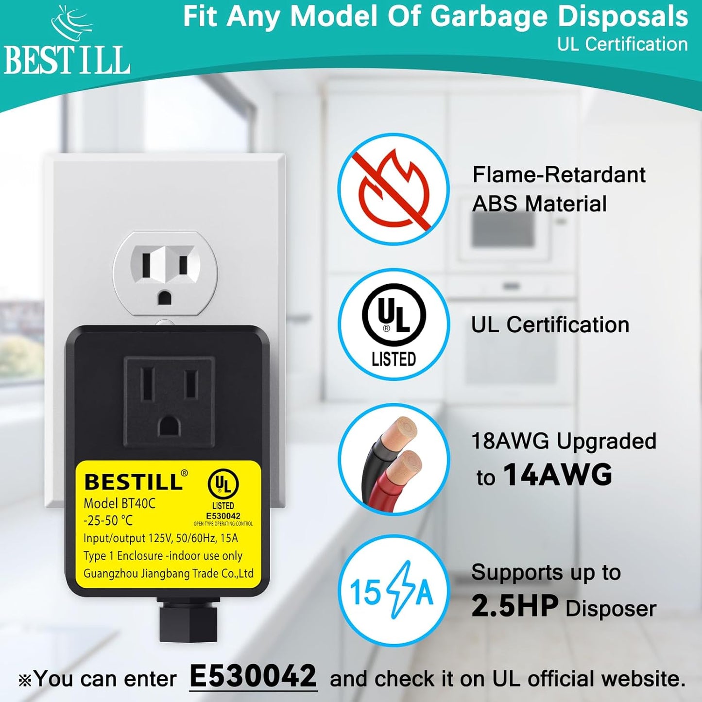 BESTILL Garbage Disposal Air Switch Kit - UL Listed, Cordless Sink Top Switch Button for Waste Disposer, 3.6" Long Push Button with Brass Cover, White, Compatible with all Garbage Disposals