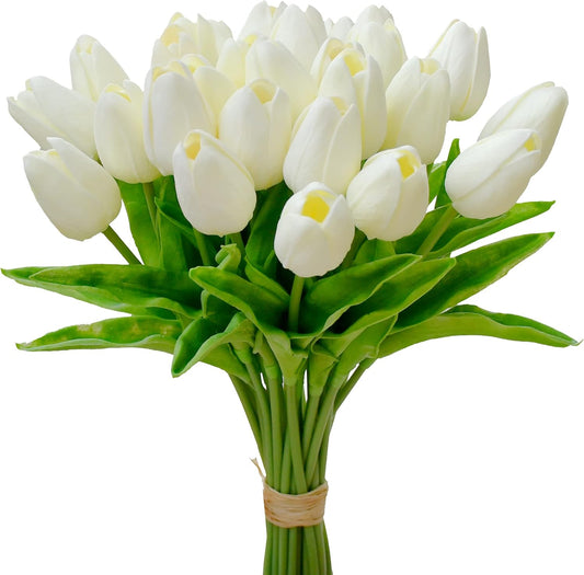 Mandy's Artificial Tulips 28 Stems Cream PU Faux Flowers for Wedding Home Decor 13.5 Inch