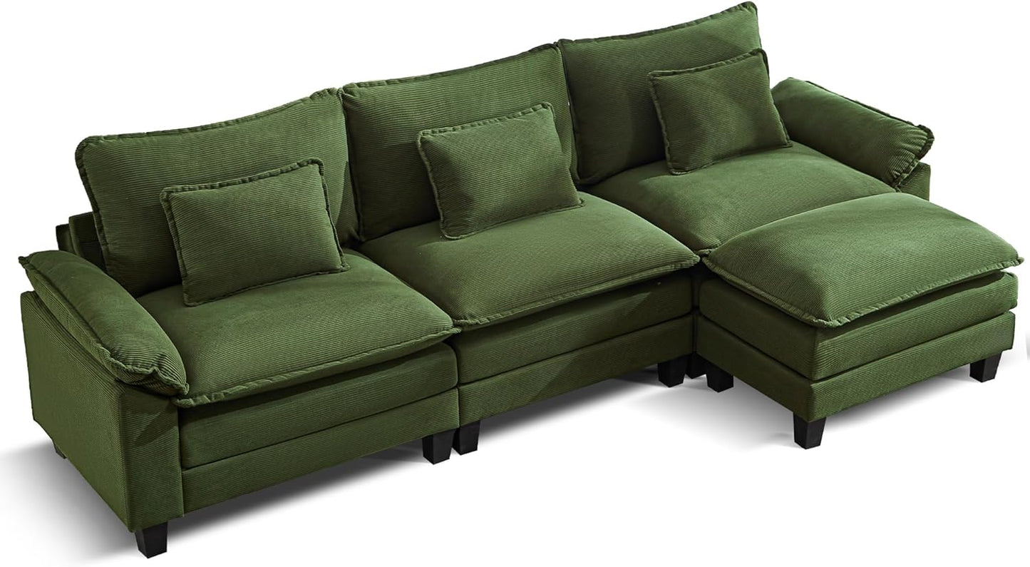 URRED Modular Sectional Sofa Comfy Cloud Couch, Modern Corduroy Sofa Sleeper Deep Seat Couches with Ottoman/Pillows for Living Room (Green, 117''- L Shape)