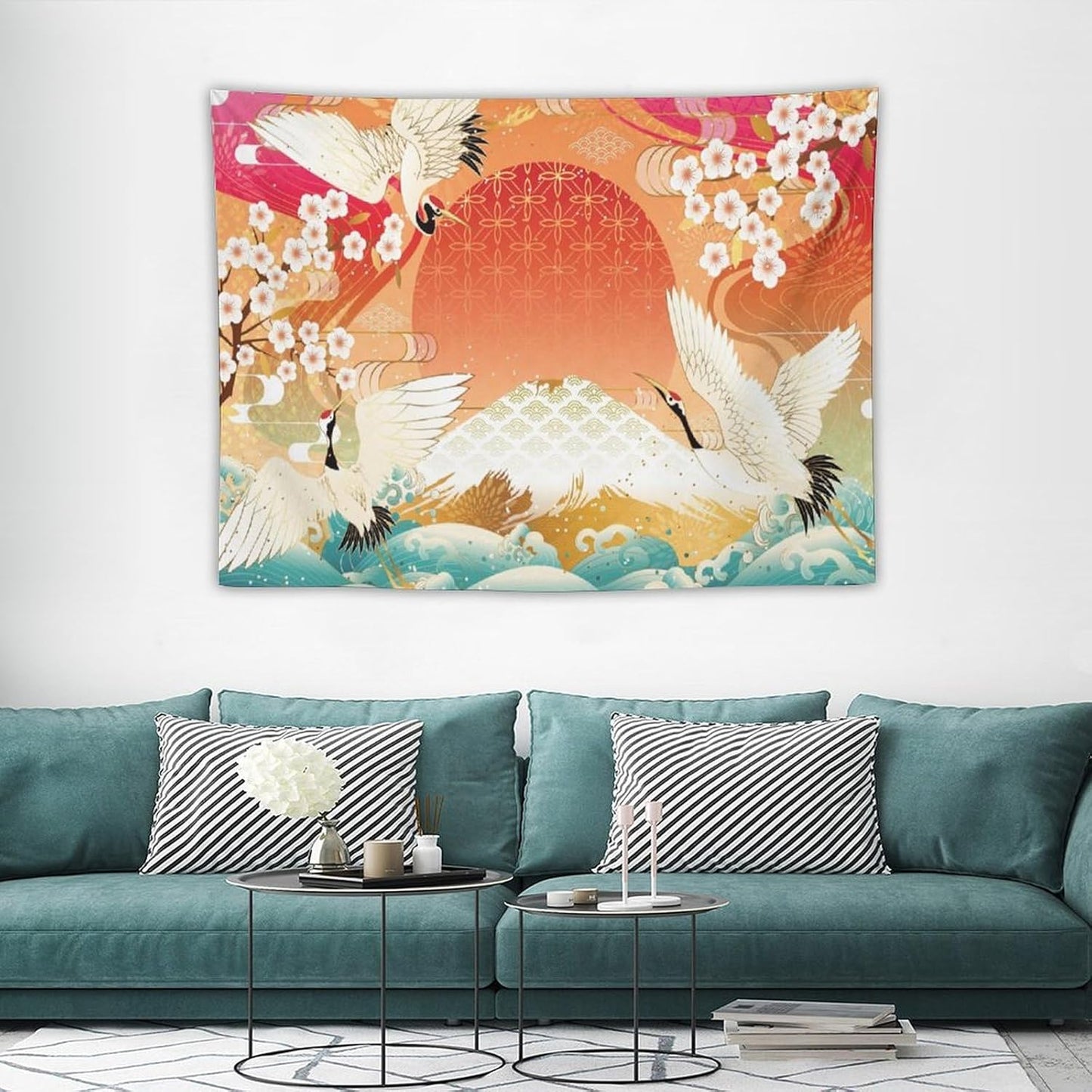 HZOHNAGO Japanese Tapestry Cherry Blossom Crane Sea Wave Fuji Mountain Red Sun Pattern Printed Wall Tapestry Painting Wall Hanging for Bedroom Living Room Dorm 40" W x 30" H