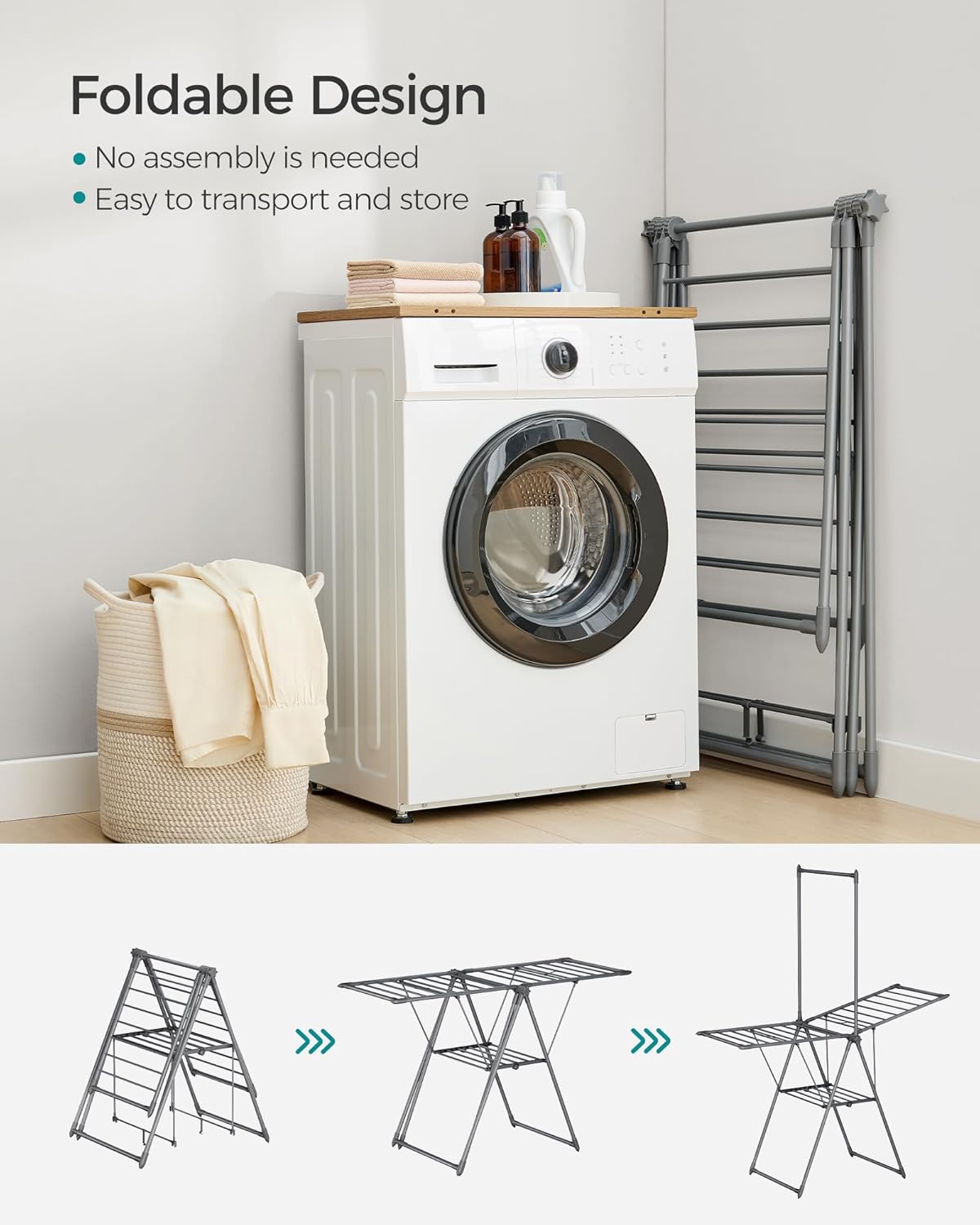 SONGMICS Clothes Drying Rack, Foldable 2-Level Laundry Drying Rack, Free-Standing Airer, 1 Additional Tall Hanging Bar, 2 Height-Adjustable Wings, 24 Drying Rails, Space Savng, Gray ULLR521G01