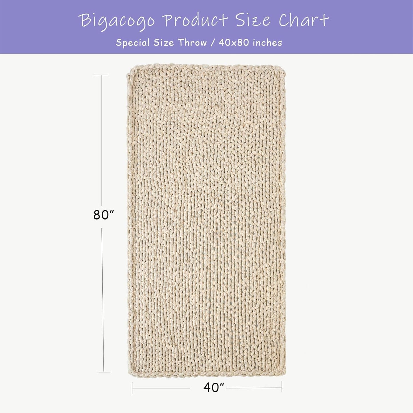Bigacogo Chunky Knit Throw Blanket for Couch, 40x80 inches, 100% Hand Knitted with Thick Jumbo Chenille Yarn, Cozy Soft Large Rope Knot Cable Crochet Blankets for Sofa Bed Living Room, Beige