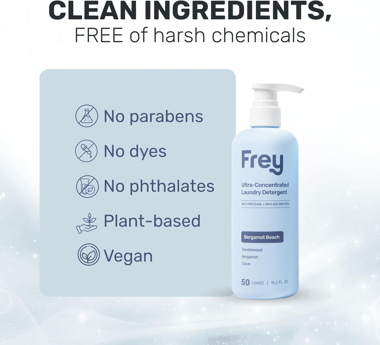 FREY Concentrated Liquid Laundry Detergent | Formulated for Sensitive Skin & HE Washers | Removes Stains Effectively | 50 Loads per Bottle (1-pack Bergamot Beach)