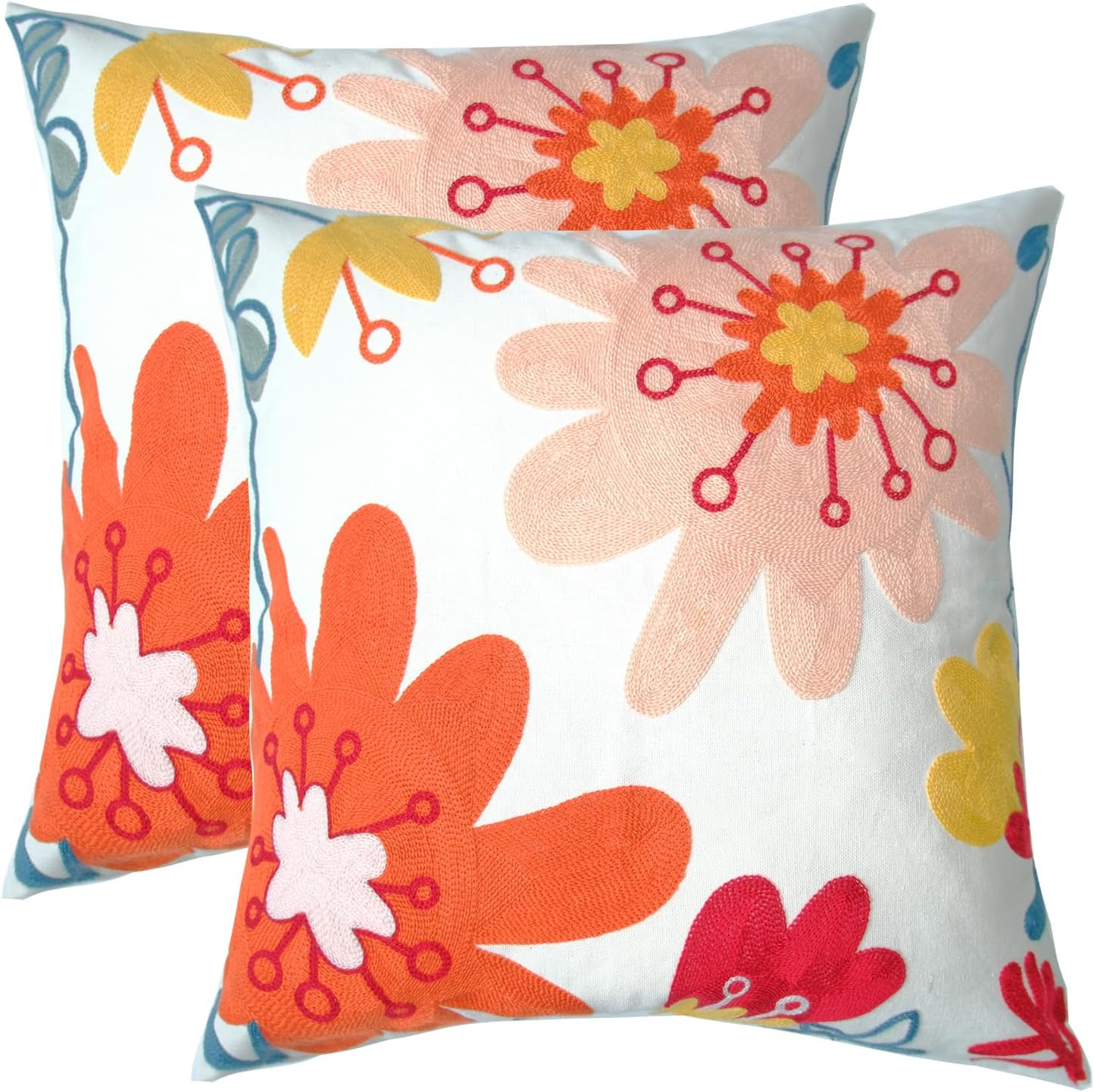 Embroidered Decorative Throw Pillow Cover, 18"x18" Set of 2, Farmhouse Pillowcase Pink Red Flower Knit Pattern Cotton Canvas Cushion Case Square Floral Pillow Case for Sofa Couch Bed Living Room…