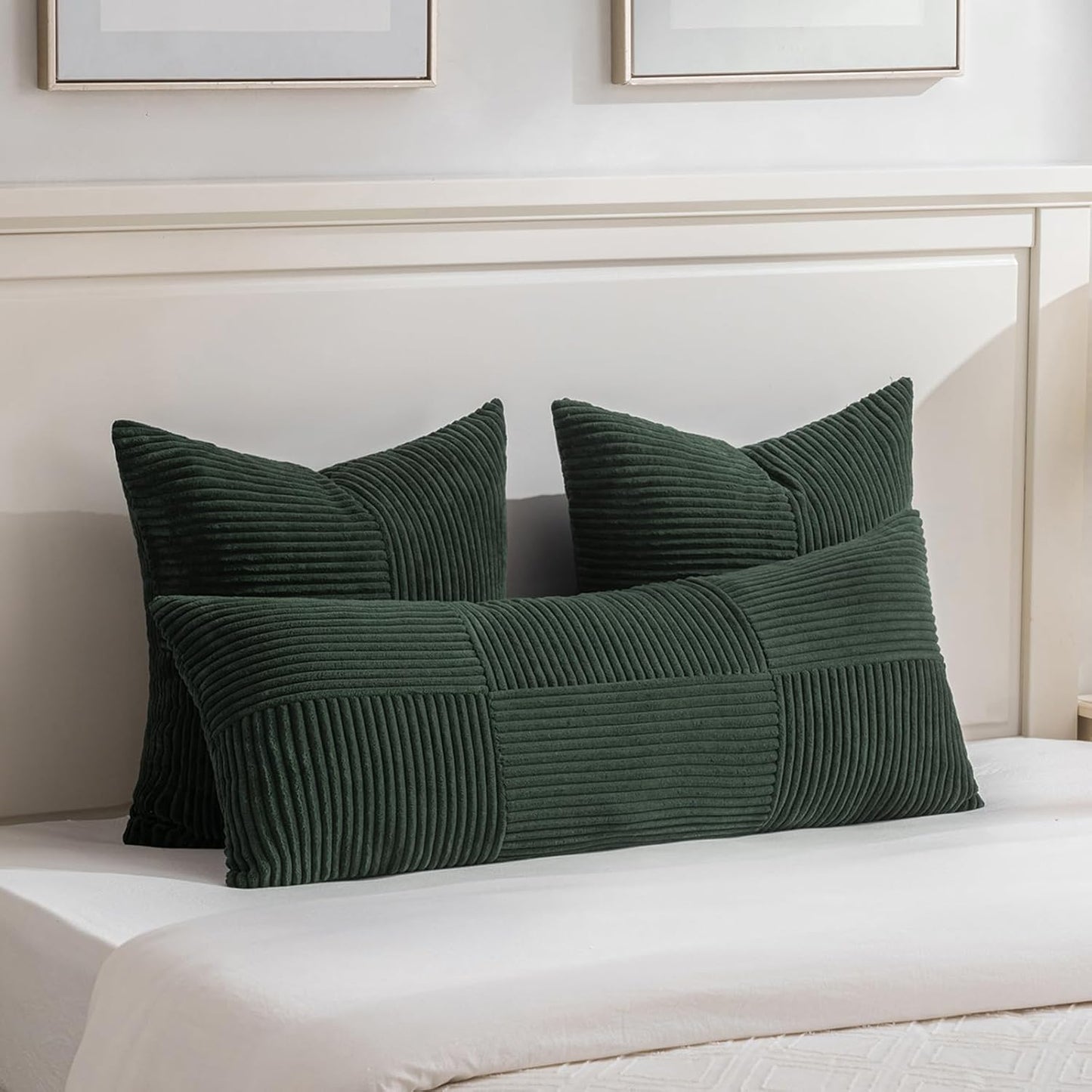 Fancy Homi Set of 2 Dark Green Boho Long Lumbar Body Decorative Throw Pillow Cover 14x36 Inch for Bed Couch Bedroom Bench, Soft Patchwork Corduroy Textured Pillow Case, Rustic Farmhouse Room Decor