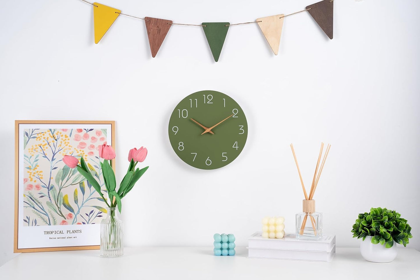 Mosewa Modern Wall Clock Silent Non-Ticking 14 Inch Olive Green Battery Operated Simple Minimalist for Living Room Office Bedrooms Kitchen Home Decor