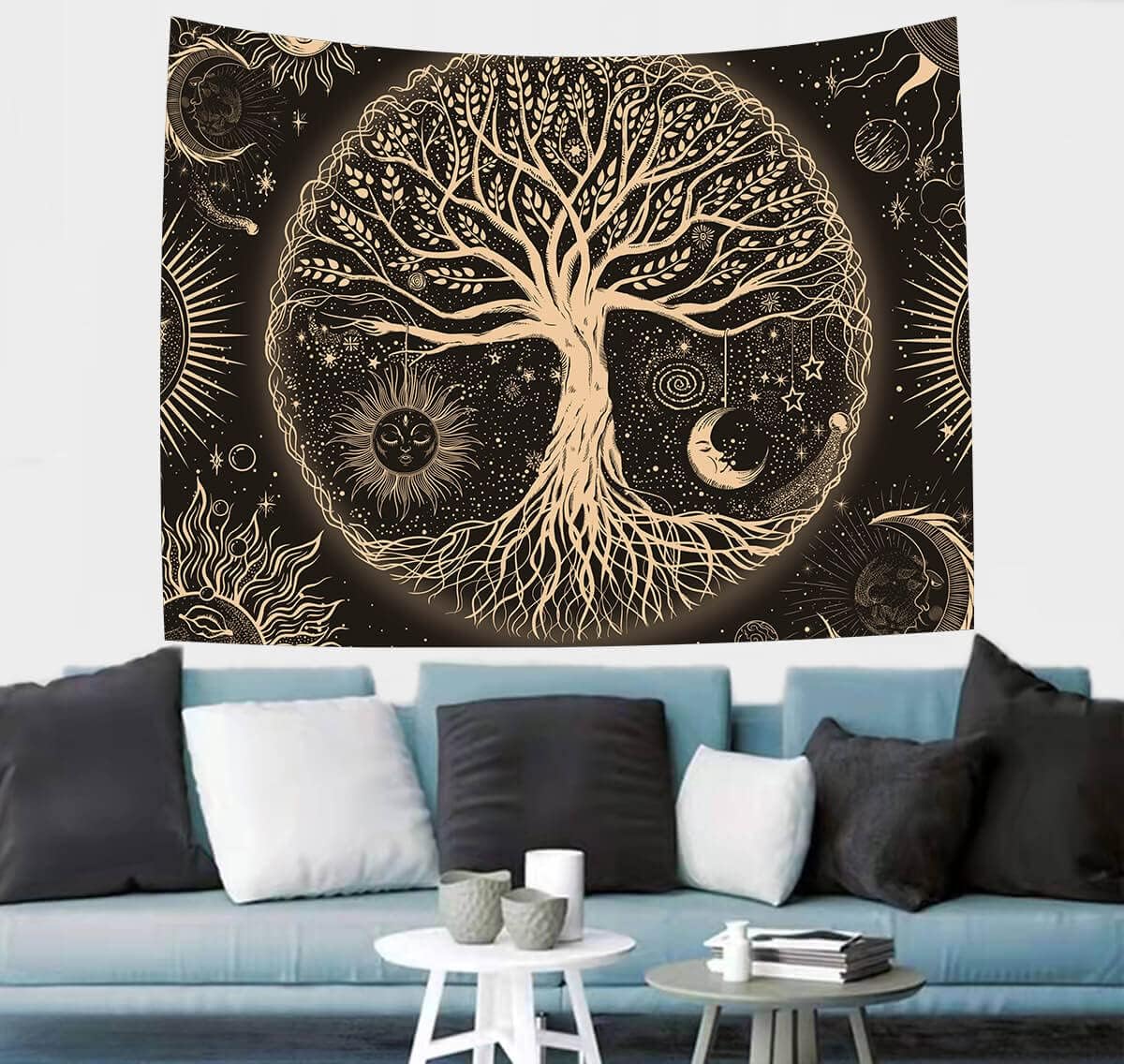 FORATER Tree of Life Tapestry Wall Hanging Sun Moon Stars Tapestries Aesthetic Galaxy Wall Tapestry Nature Home Decoration for Living Room Bedroom(36 x 48 Inch, Black and Gold)