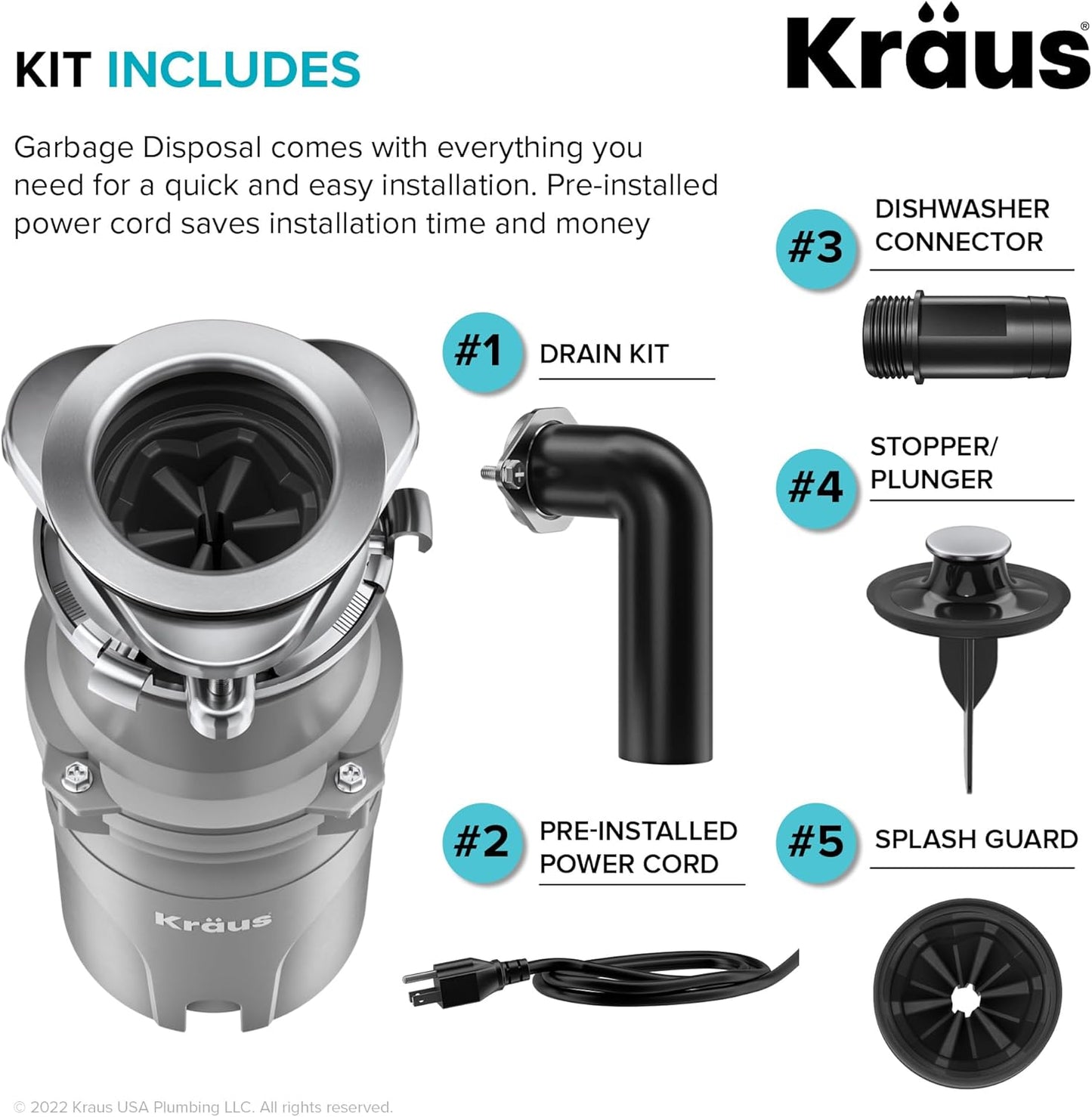KRAUS® WasteGuard™ High-Speed 1/2 HP Continuous Feed Ultra-Quiet Motor Garbage Disposal with Power Cord and Flange Included and Universal Mount