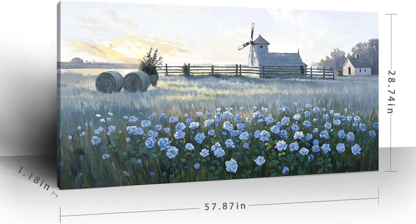 amatop Oversized Farmhouse Wall Art – Botanical Picture Flower Blue Rose & Windmill Countryside Scene Canvas Print, Large Floral Landscape Artwork Decor for Living Room Dining Room Hallway 58x29 Inch