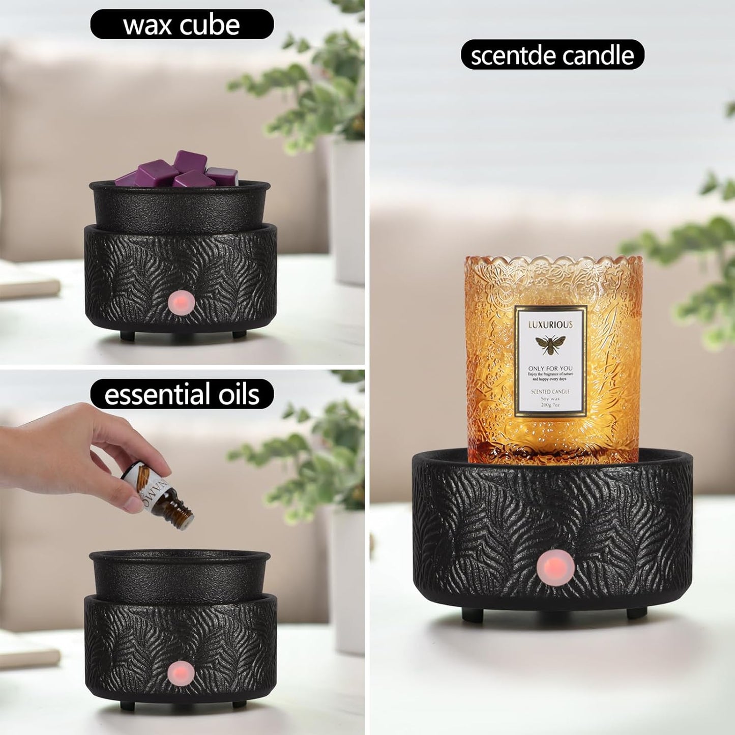 Electric Wax Melt Warmer 4-in-1 Candle Warmer for Scented Wax Melter Cute Ceramic Fragrance Wax Burner for Home Office Bedroom Deco Gift for Women Black