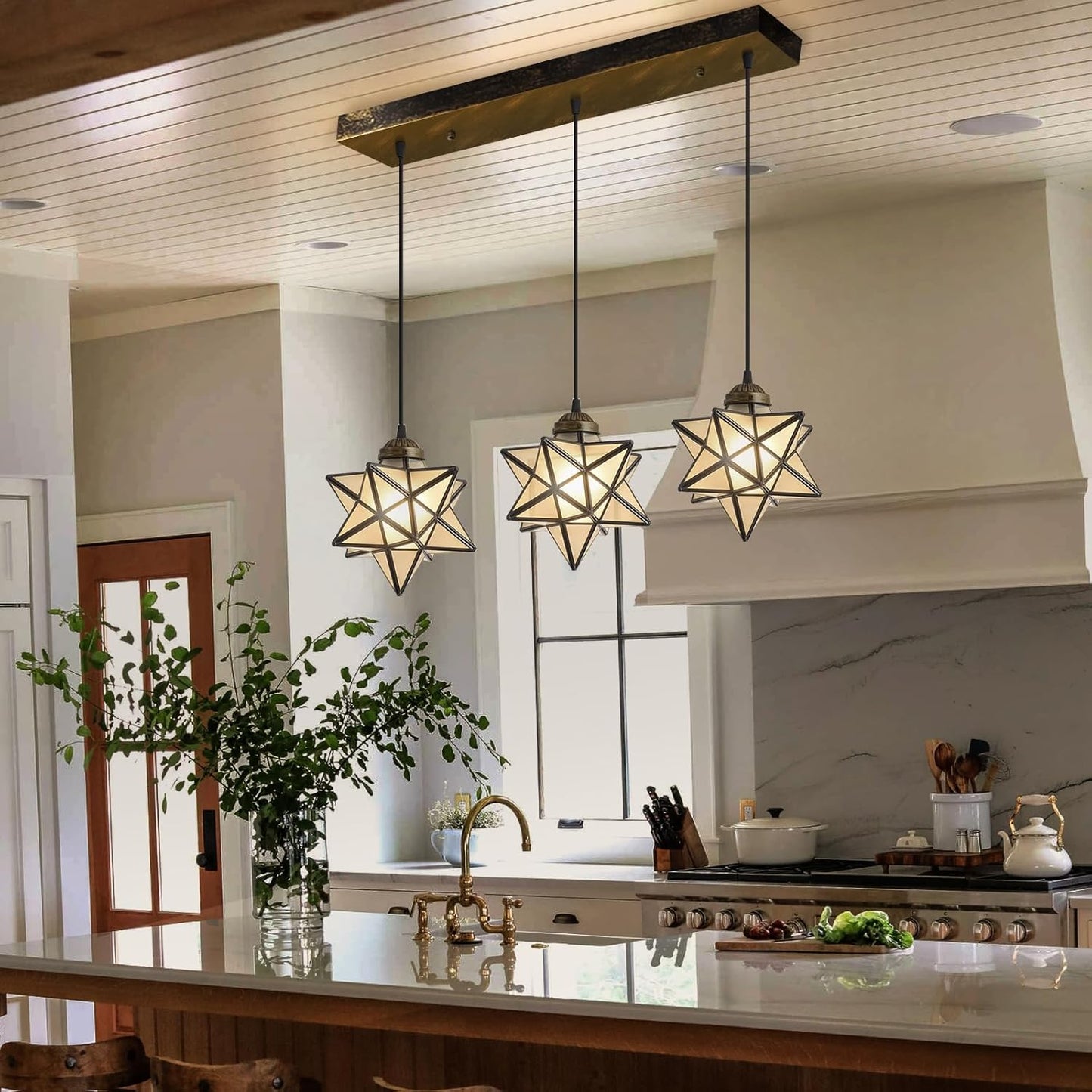 Farmhouse Frosted White Glass Chandelier 3 Lights Star Pendant Lights for Dining Table Kitchen Island Modern Ceiling Hanging Lights Included LED Warm Light Bulbs Oiled Bronze