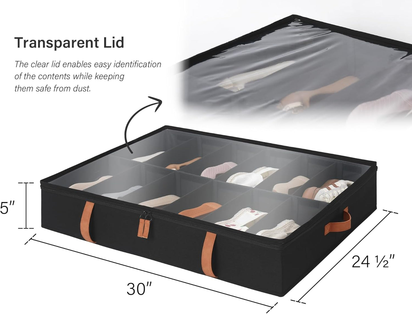 StorageWorks Shoe Organizer Under Bed for Closet, 2-Pack Ultra-thick Fabric Shoe Storage Containers with Bottom Support and Adjustable Dividers, Fits up to 24 Pairs, Black