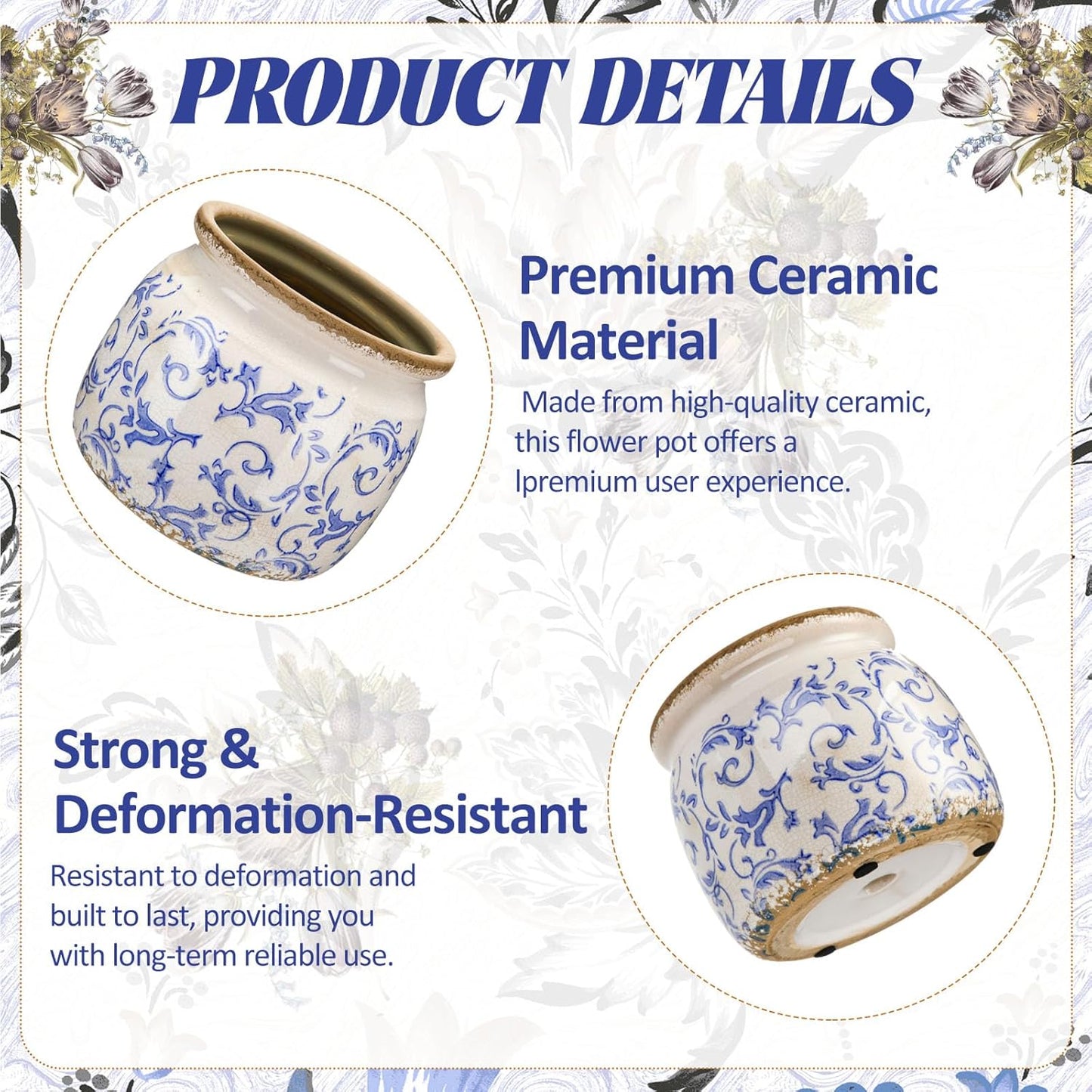 1 Pcs Vintage Planter Large Ceramic Plants Pot Blue Chinoiserie Crack Cottage Scroll Vase Flower Vase Pot Indoor Plants Home Kitchen Decor Farmhouse Antique Decorative Gift