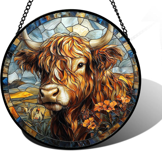 Stained Glass Window Hanging - Funny Cow Flower Suncatcher Ready to Hang Window Doors Home Decoration and Christmas, Mother's Day Birthday Gifts for Women, Men, and Mom 11.8x11.8 in