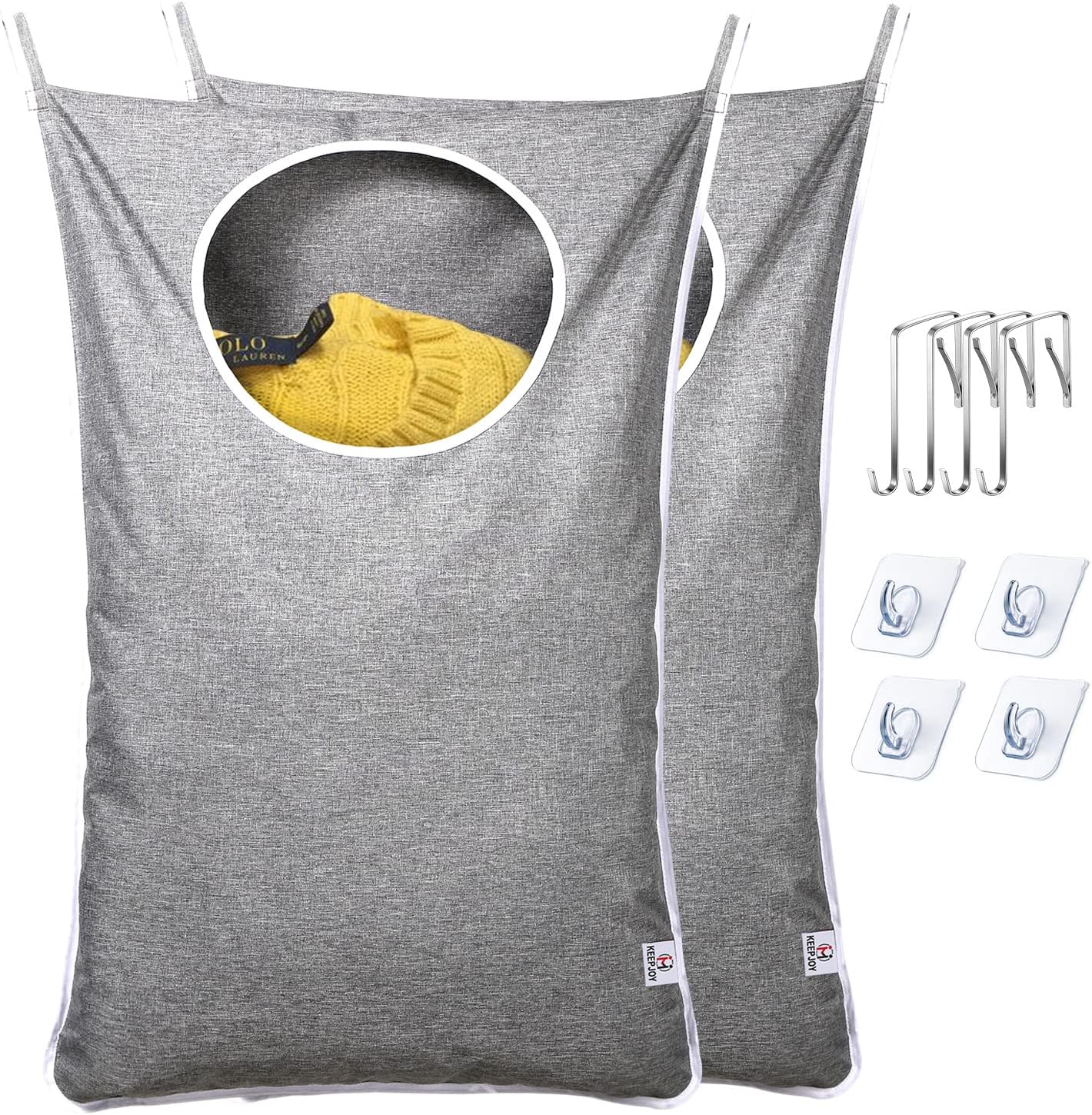 KEEPJOY Saves Space Door-Hanging Laundry Bag,Door Hanging Laundry Hamper with 2 Different Types of Hooks, Oxford Fabric Hanging Laundry Basket for Clothes Size 30"X20" -2 Pack Gray