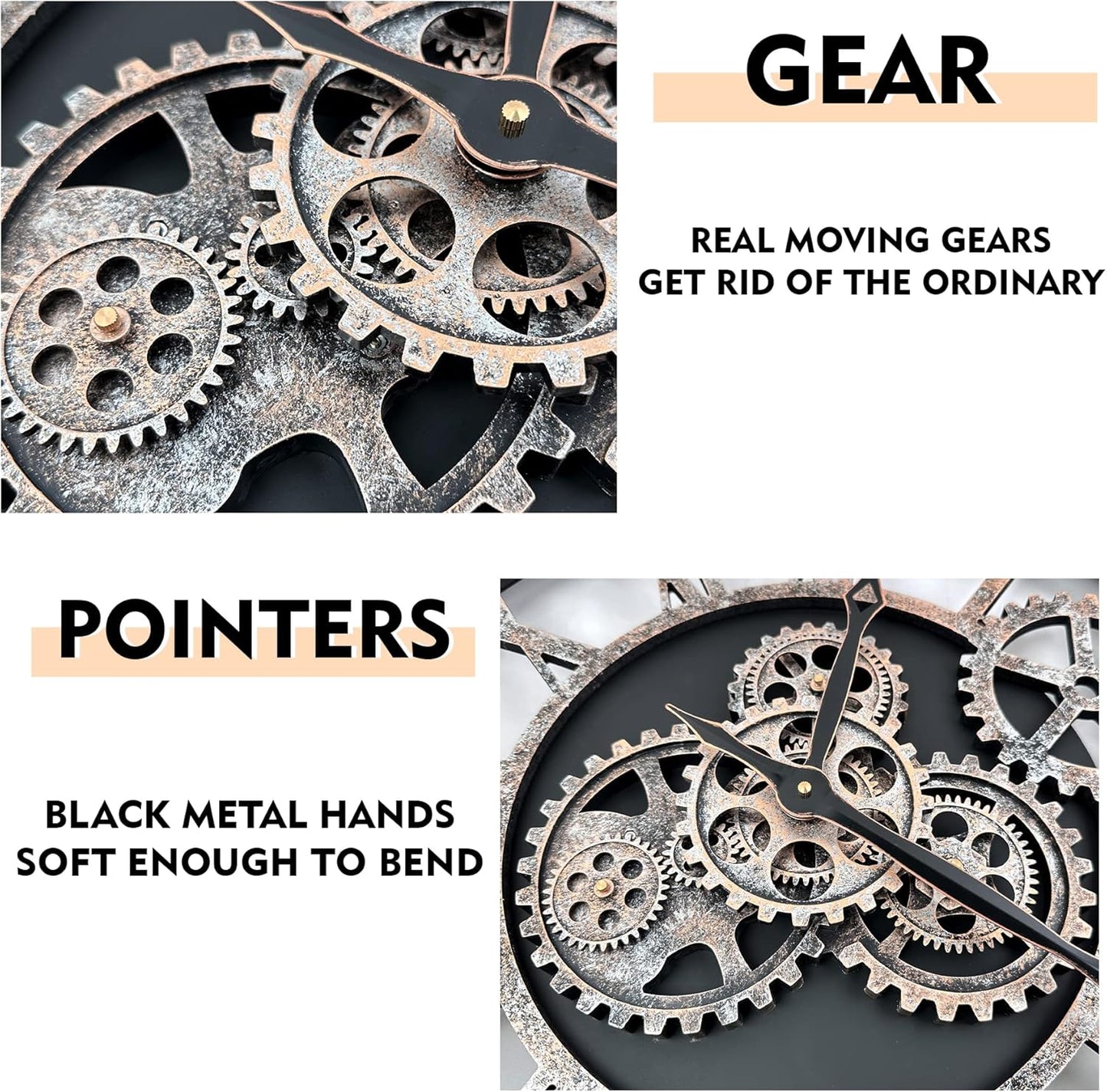 The B-Style Large Wall Clock 24 inch Moving Gear Wall Clock Oversized Vintage Farmhouse Wall Clocks for Living Room Decor Rustic Industrial Wood Clock (Silver Gray and Bronze)