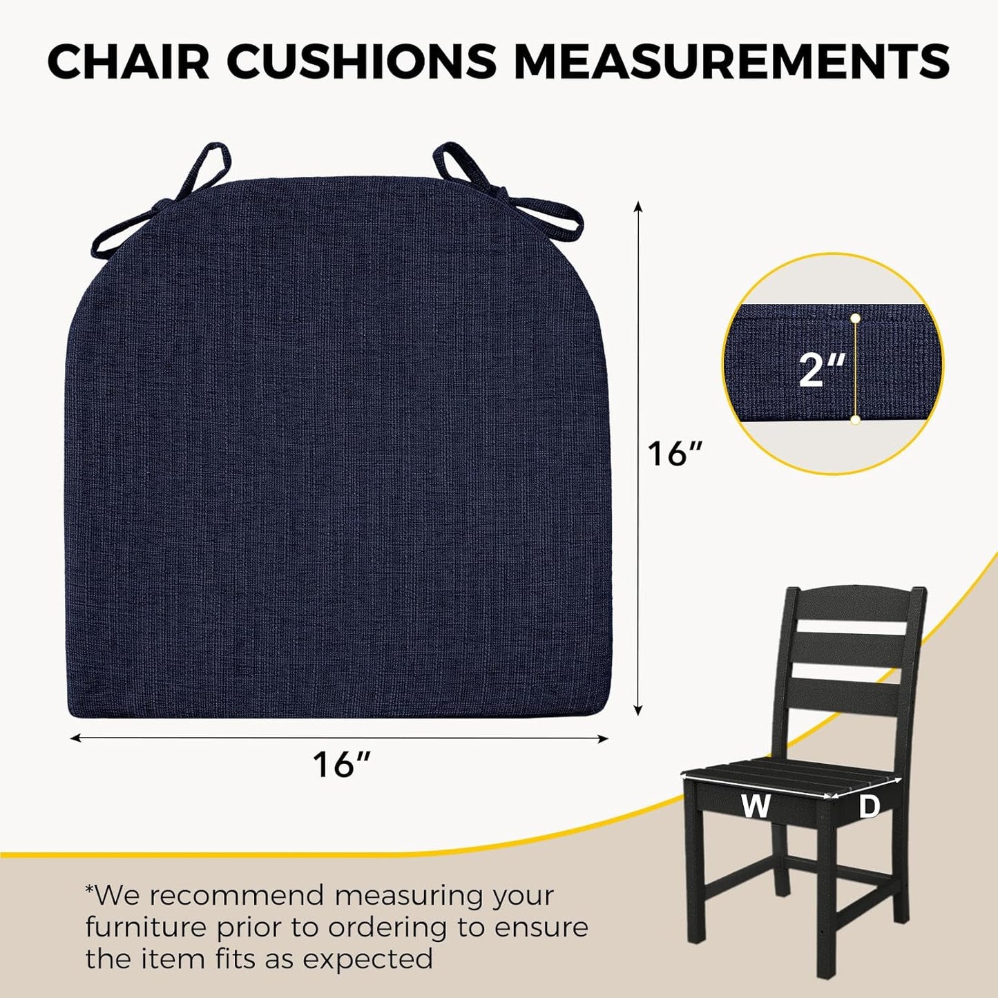 downluxe Indoor Chair Cushions for Dining Chairs, Soft and Comfortable Textured Foam Kitchen Chair Pads with Ties and Non-Slip Backing, 16" x 16" x 2", Navy, 2 Pack