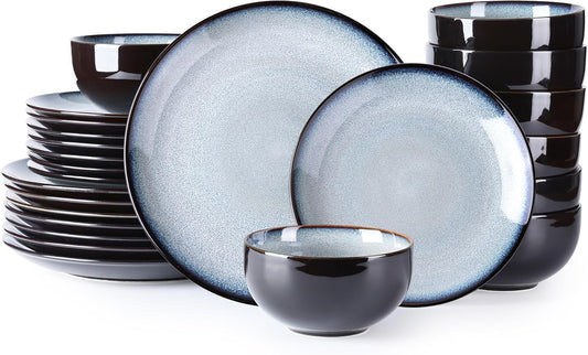 LERATIO Ceramic Dinnerware Sets for 8,Stoneware Plates and Bowls Sets,Handmade Reactive Glaze Dishes Set,Chip Resistant and Scratch Resistant | Oven&Dishwasher & Microwave Safe-Gray White (24PCS)