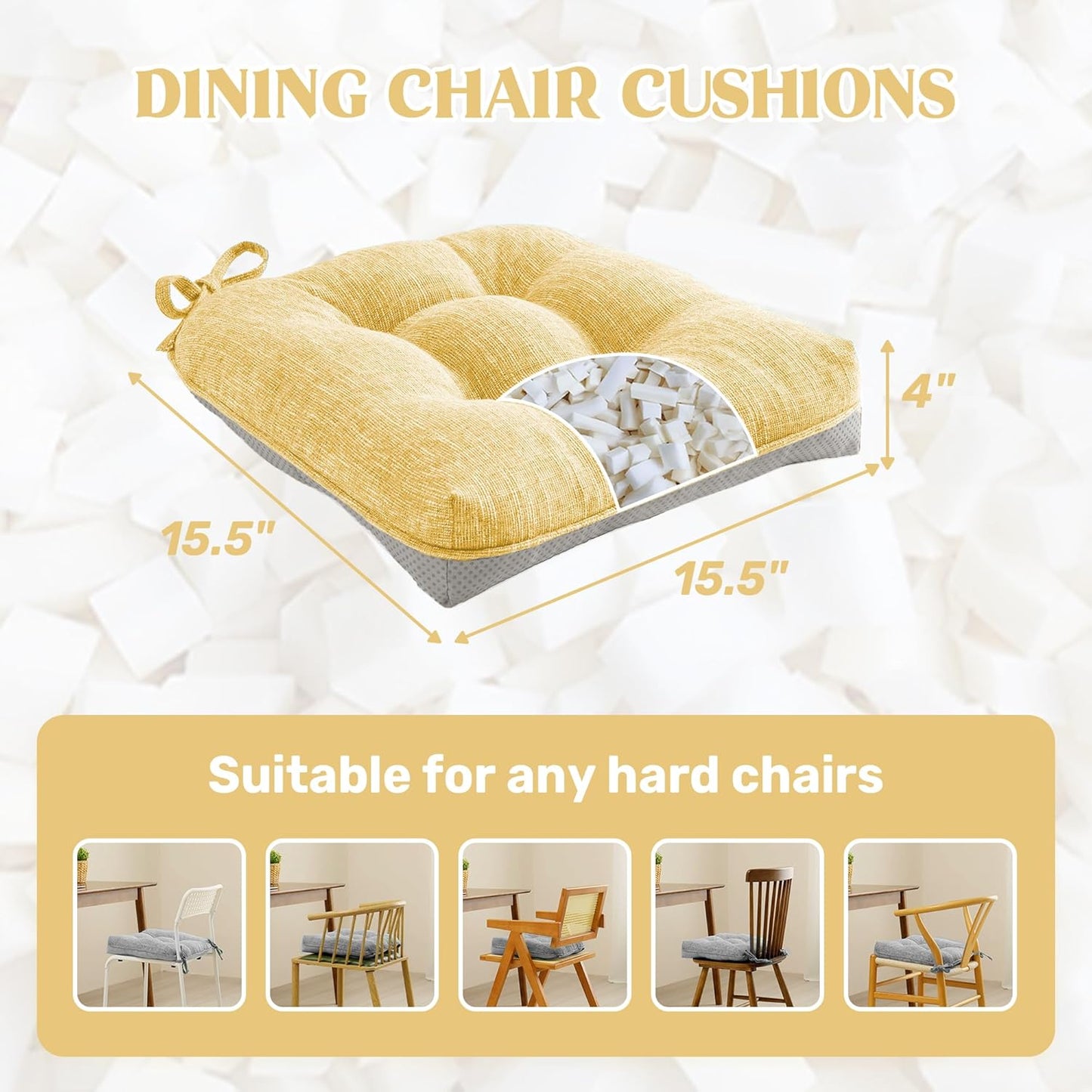 puredown® Chair Cushions for Dining Chairs, Tufted Memory Foam Chair Pads with Non-Slip Backing, Kitchen Seat Cushions with Ties, Washable Pads Set of 4, 15.5" x 15.5" x 4", Yellow