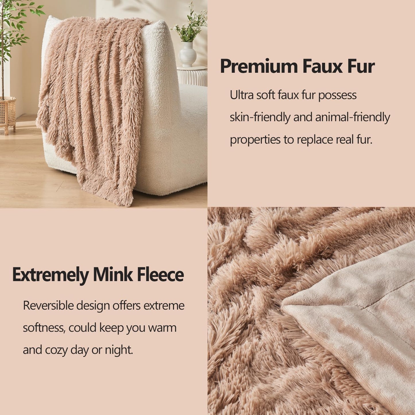 GONAAP Fuzzy Faux Fur Throw Blanket Twin Size Taupe Super Soft Cozy Plush Fuzzy Shaggy Blanket for Couch Sofa Bed (Taupe, Twin(60"x80"))