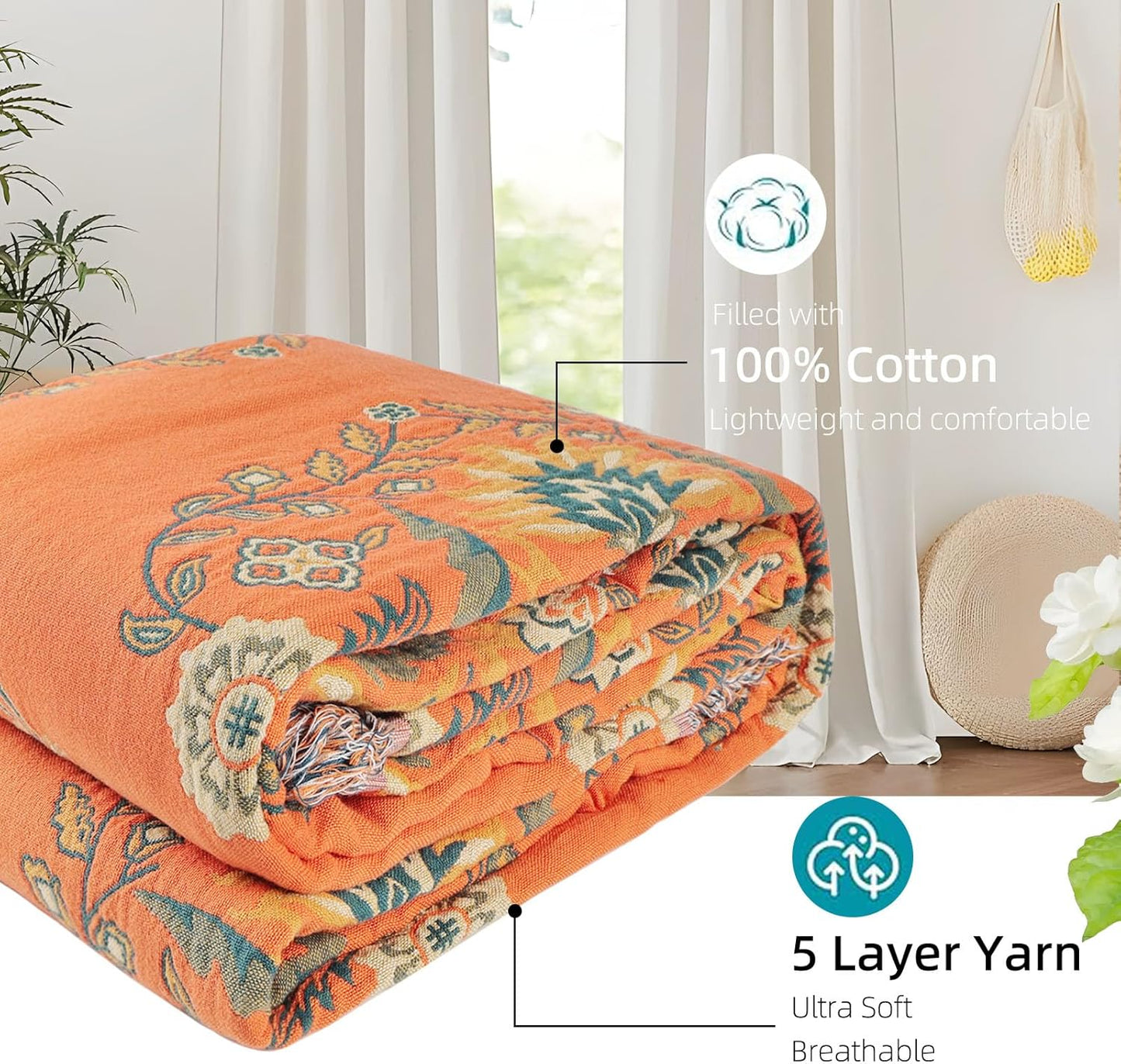 Boho Throw Blanket for Bed - 100% Pure Cotton Ultra Soft Rustic Quilt - Farmhouse Decor Bed Blankets, All Season Rustic Throw for Sofa Couch Chair(91''x 98'', Boho)