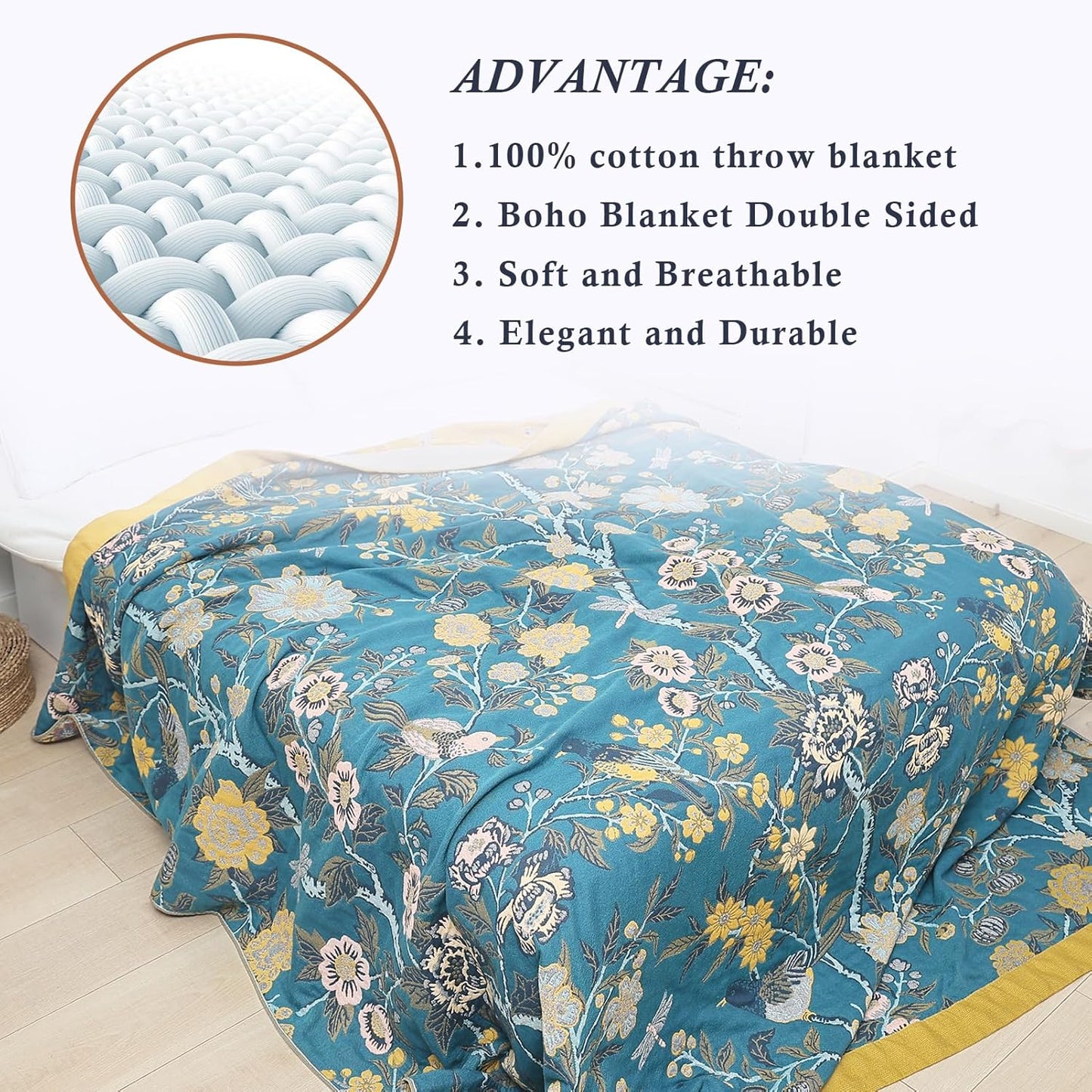 Snycler Boho Throw Blanket for Bed - 100% Cotton Ultra Soft Rustic Quilt Blanket Green Bird Floral Printed Farmhouse Decor Bed Blankets, 80"×90" All Season Rustic Throw for Sofa Couch Chair