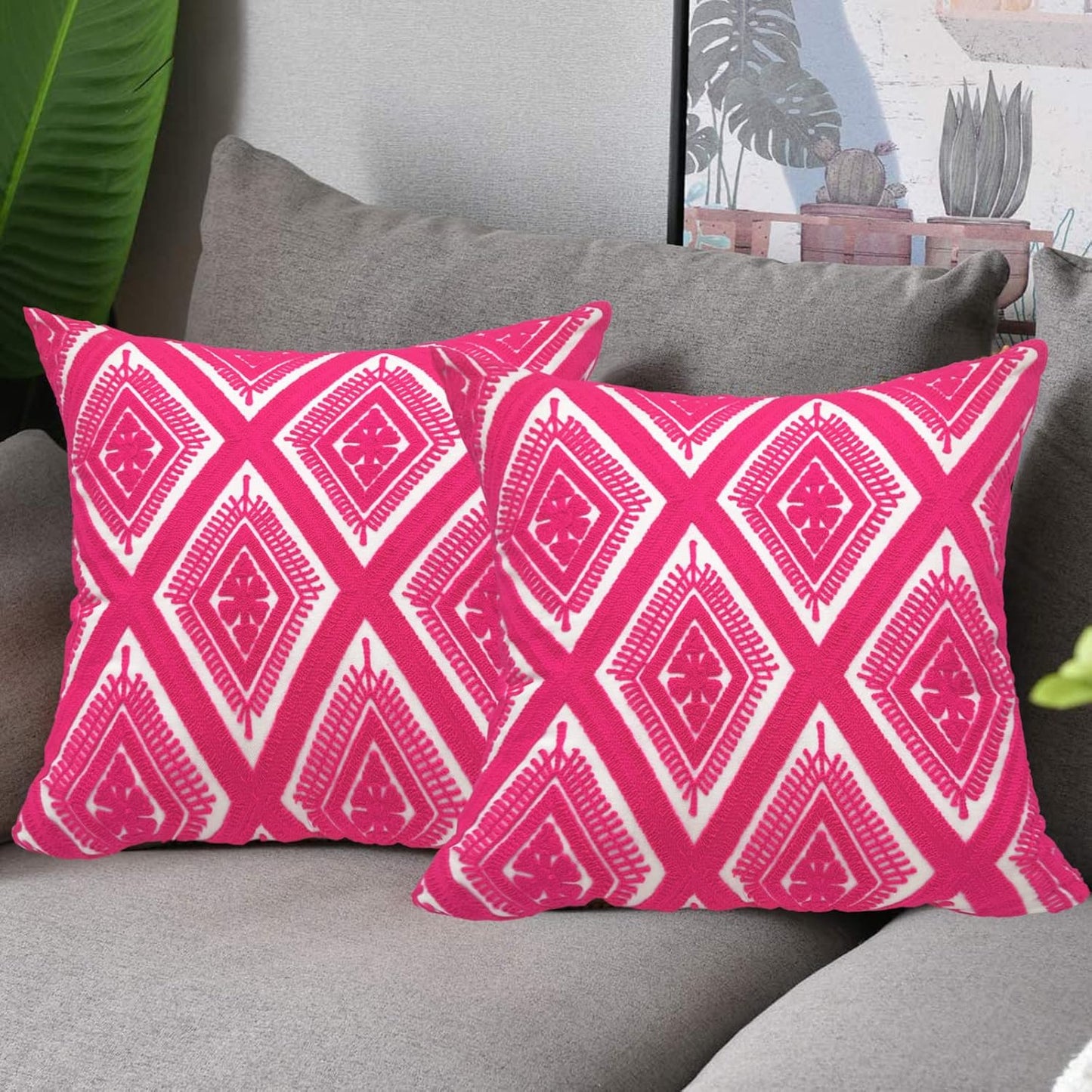 Alysheer Embroidered Decorative Throw Pillow Covers 18x18 inches Set of 2 Pieces, Boho Geometric Modern Chic Classic Pattern Cotton Cushion Cases for Sofa Couch Bed Living Room(Bright Hot Pink)