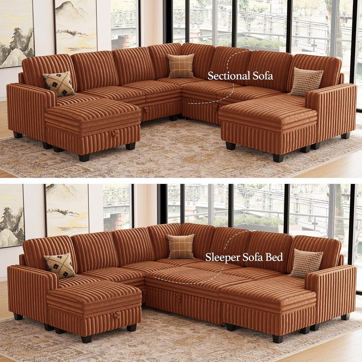 Belffin Oversized Sofa Bed Modular Sectional Sleeper Sofa with Pull Out Bed L Shaped Couch with Storage Chaise Brick Red Couch