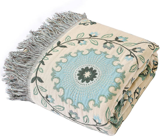 Snycler Boho Throw Blanket for Bed - 100% Cotton Ultra Soft Rustic Quilt - Blue Boho Floral Printed Farmhouse Decor Bed Blankets, 60"×80" All Season Rustic Throw for Sofa Couch Chair