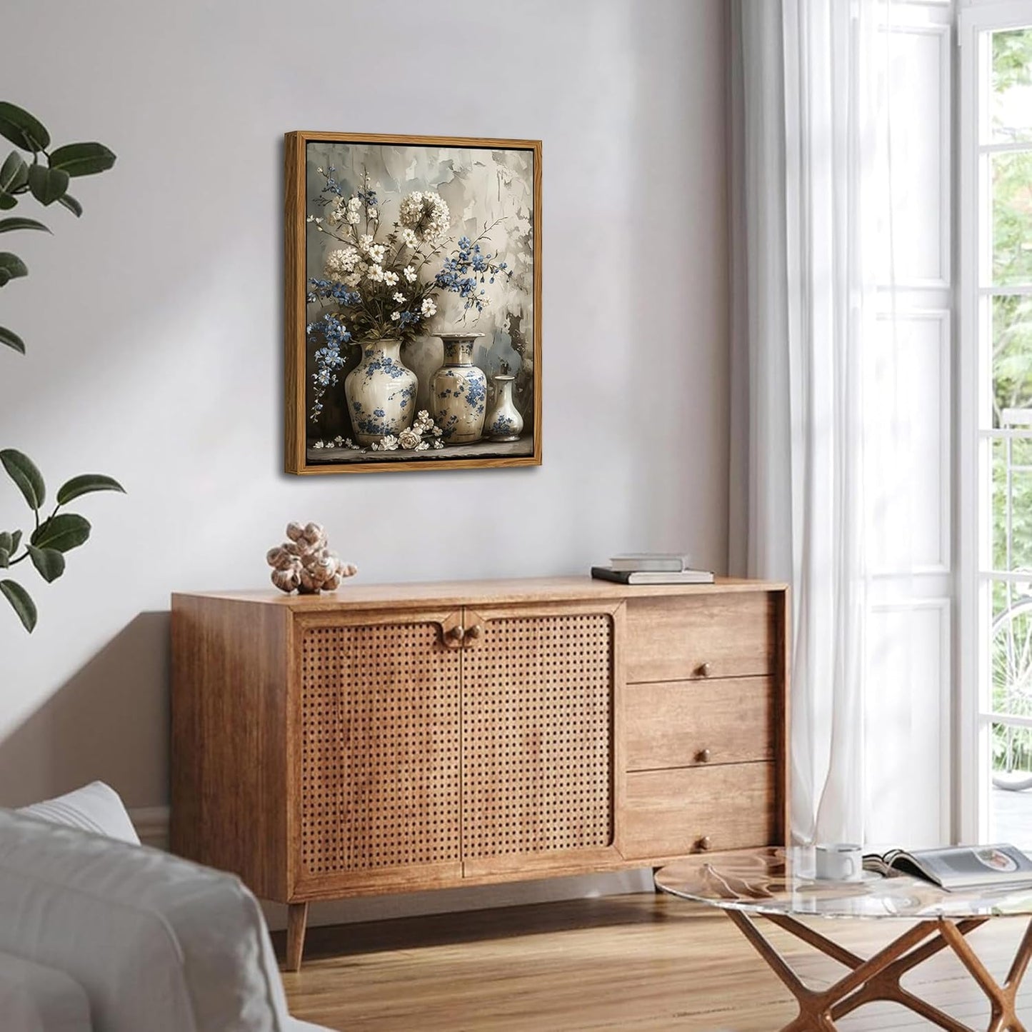 Floating Framed Farmhouse Floral Canvas Wall Art, Vintage Blue and White Flower Pictures Wall Decor, Elegant Art Jar Posters Print for Living Room Bedroom Bathroom Rustic Decor 12x16 inch