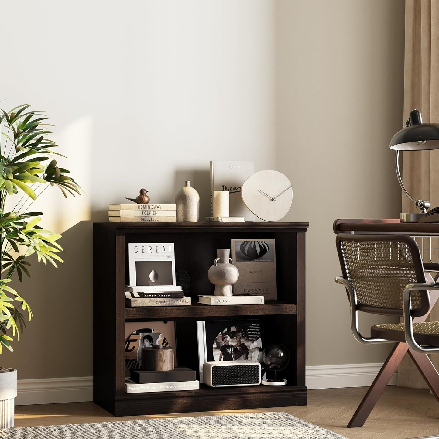 Bookcase, Open Storage Book Cases/Shelves, Floor Standing Indoor Furniture 2 Shelf Book case for Farmhouse Library Office Bedroom Kids, Dark Cherry - 2 Tier