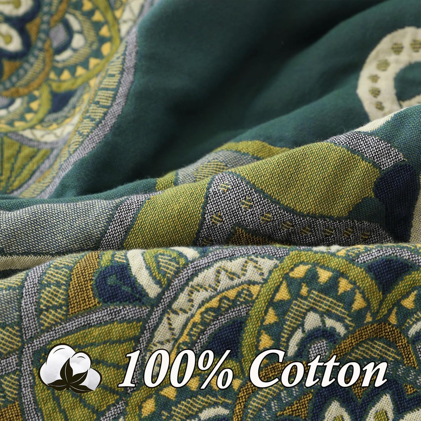 Snycler Boho Throw Blanket for Bed - 100% Cotton Ultra Soft Rustic Quilt - Green Boho Floral Printed Farmhouse Decor Bed Blankets, 80"×90" All Season Rustic Throw for Sofa Couch Chair