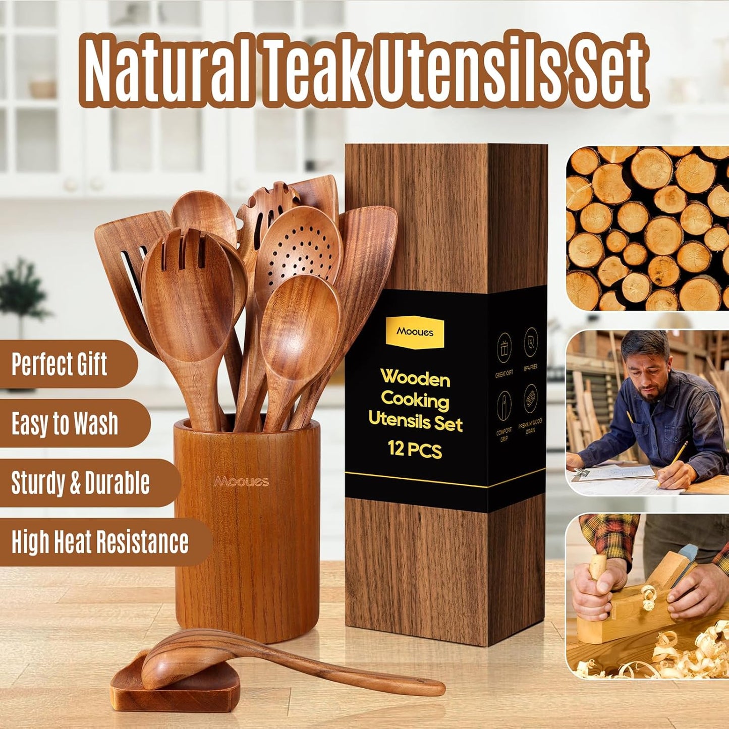 Wooden Spoons for Cooking, 12PCS Teak Wooden Kitchen Utensil Set with Spoon Rest - Smooth Finish, Non-Stick, Comfortable Grip, Heat Resistant Cooking Utensils Set