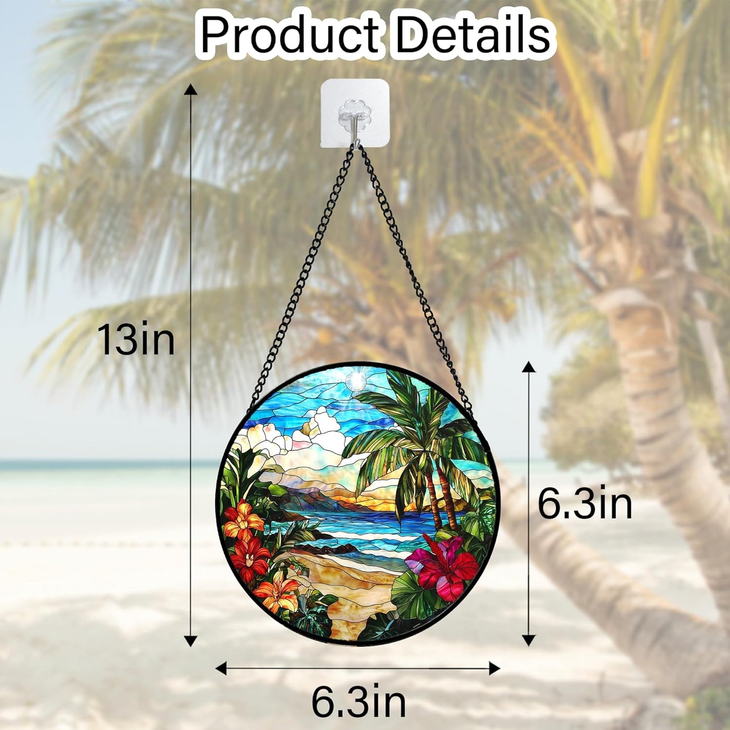 Stained Glass Window Hanging, Blue Beach Scenery Suncatcher Diamond Glass Panel Hangings Sun Catchers Decor for Birthday for Women, Men, Wife, Aunt, and Mom 6.3 in