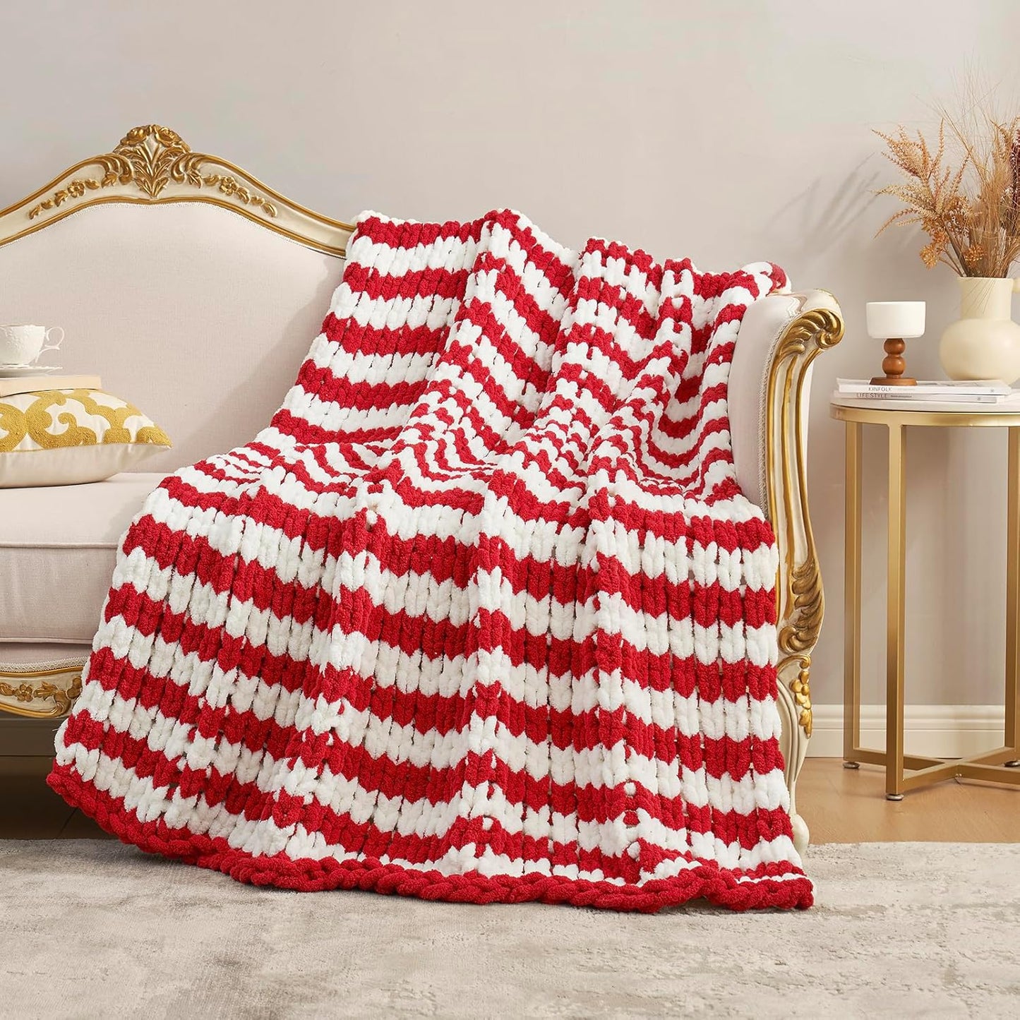 Amélie Home Chunky Knit Blanket Throw, Thick Soft Yarn Chunky Throw 50x60, Handmade Chenille Cable Knitted Crochet Throw Blanket, Warm Rope Knot Blanket for Couch Bed Sofa, Red White Stripe