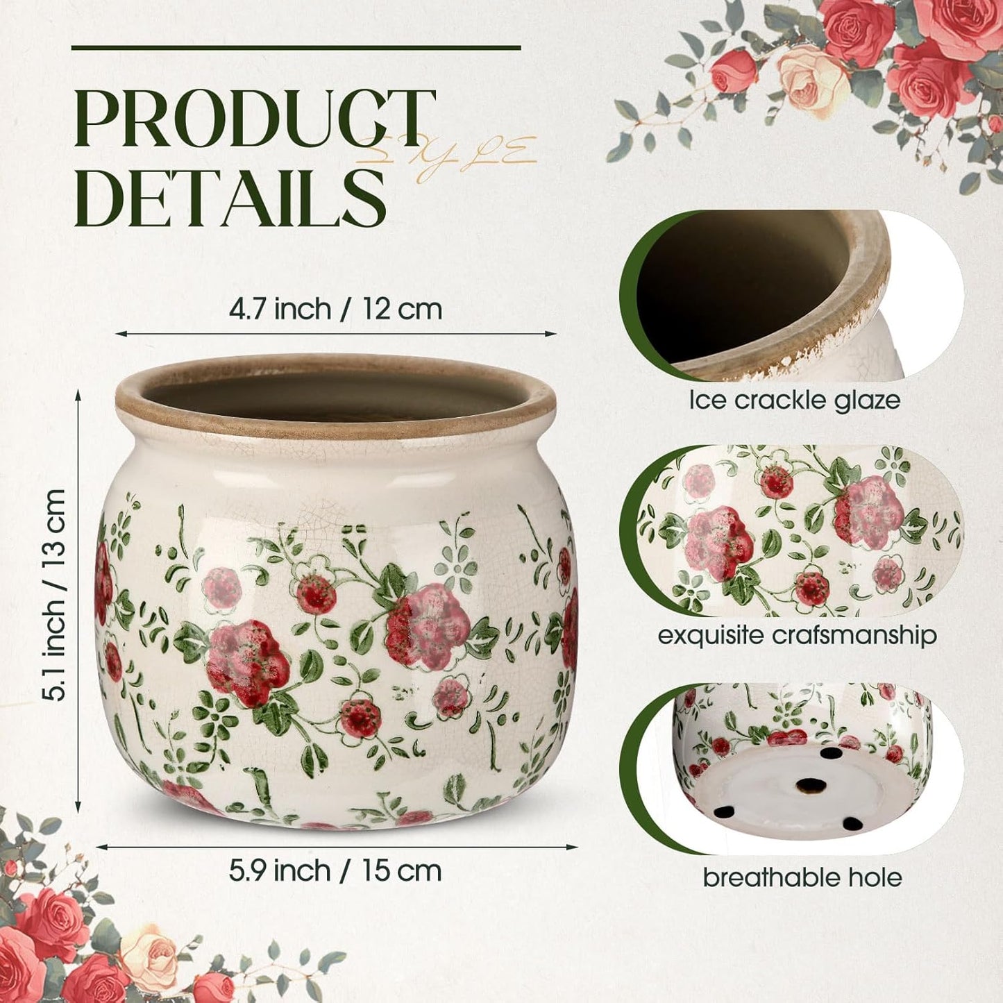 1 Pcs Vintage Planter Large Ceramic Plants Pot Red Plum Crack Cottage Scroll Vase Flower Vase Pot Indoor Plants Home Kitchen Decor Farmhouse Antique Decorative Gift