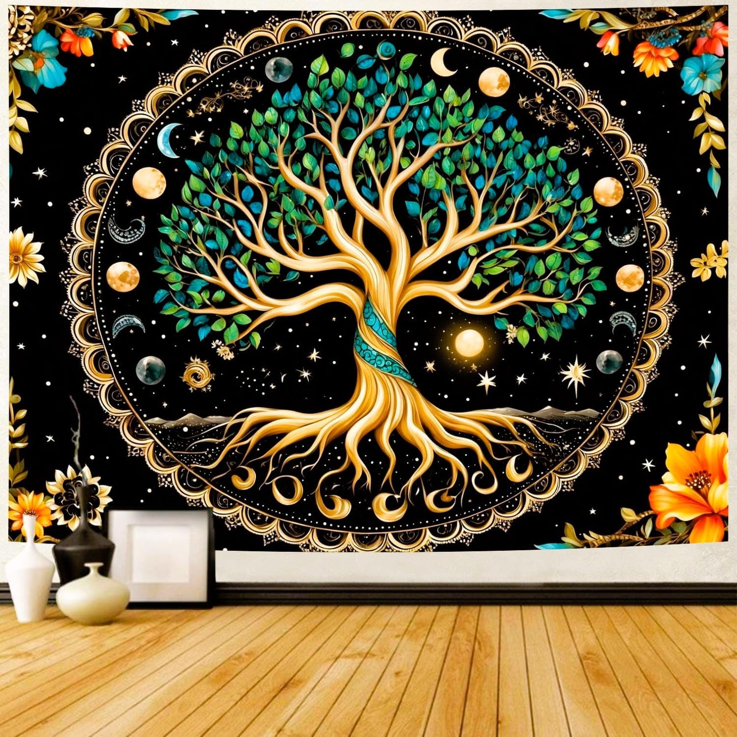 Delur Tree of Life Tapestry Moon Phase Nature Flower Plant Tapestry Wall Hanging Boho Mandala Spiritual Sun Aesthetic Psychedelic Headboard for Bedroom Living Room Home Decor (59.1" x 78.7")