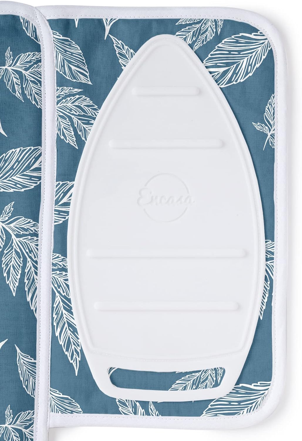 Encasa XO Ironing Mat/Pad (Small 28"x20") with 3mm Padding & Silicone Iron Rest for Steam Pressing on Tabletop or Bed - Heat Resistant, Portable, Quilting & Travel Blanket - Big Leaves Blue