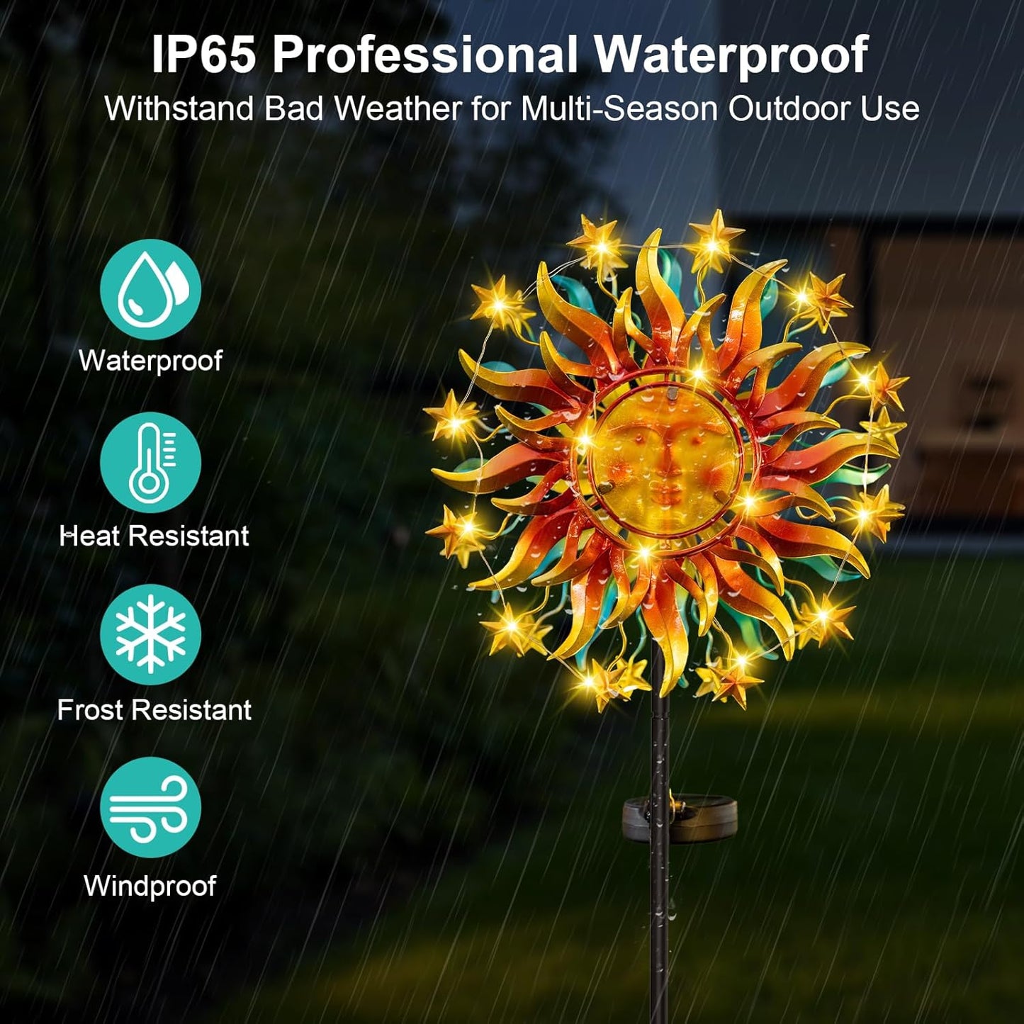 Solar Wind Spinner Metal Sun Decor, Wind Sculptures & Spinners 60.3 in Garden Kinetic Art with Solar Powered Vine String Shining LED Lights for Outdoor Garden Lawn Yard