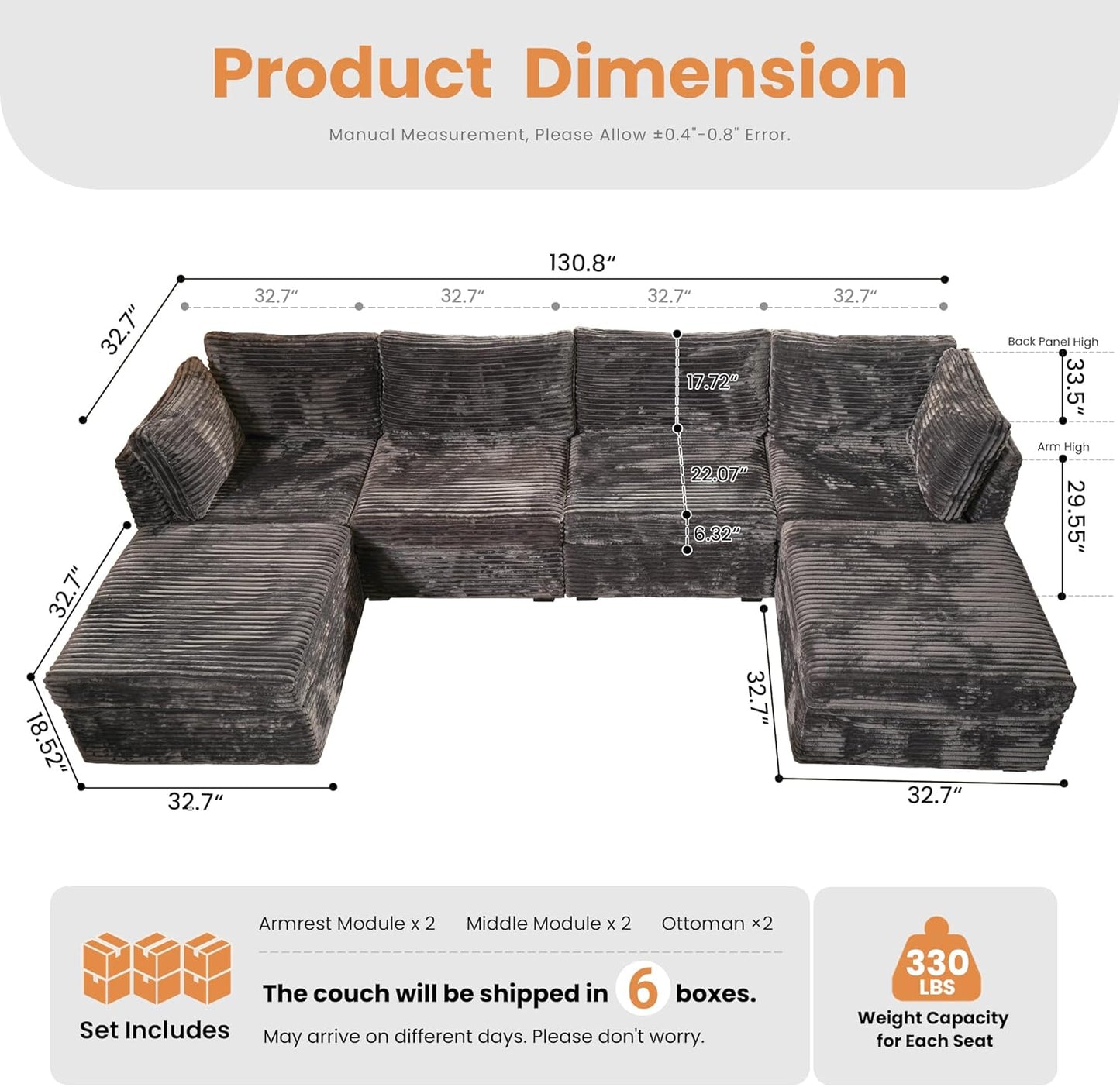 HOOOWOOO Modular Sectional Sofa,6 Pieces Sectional Couches for Living Room,131X66 L Shaped Cloud Couch with Ottoman Chaise Set(Grey Velvet Corduroy)