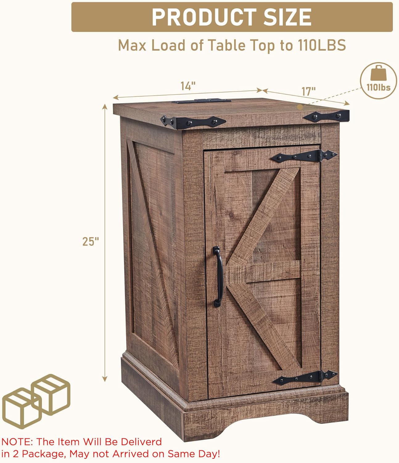 JXQTLINGMU Farmhouse Nightstand Set of 2 with Charging Station, 17"D Rectangular End Table with Barn Door & Adjustable Storage Shelf, Wood Rustic Sofa Side Table for Living Room, Bedroom, Light Brown