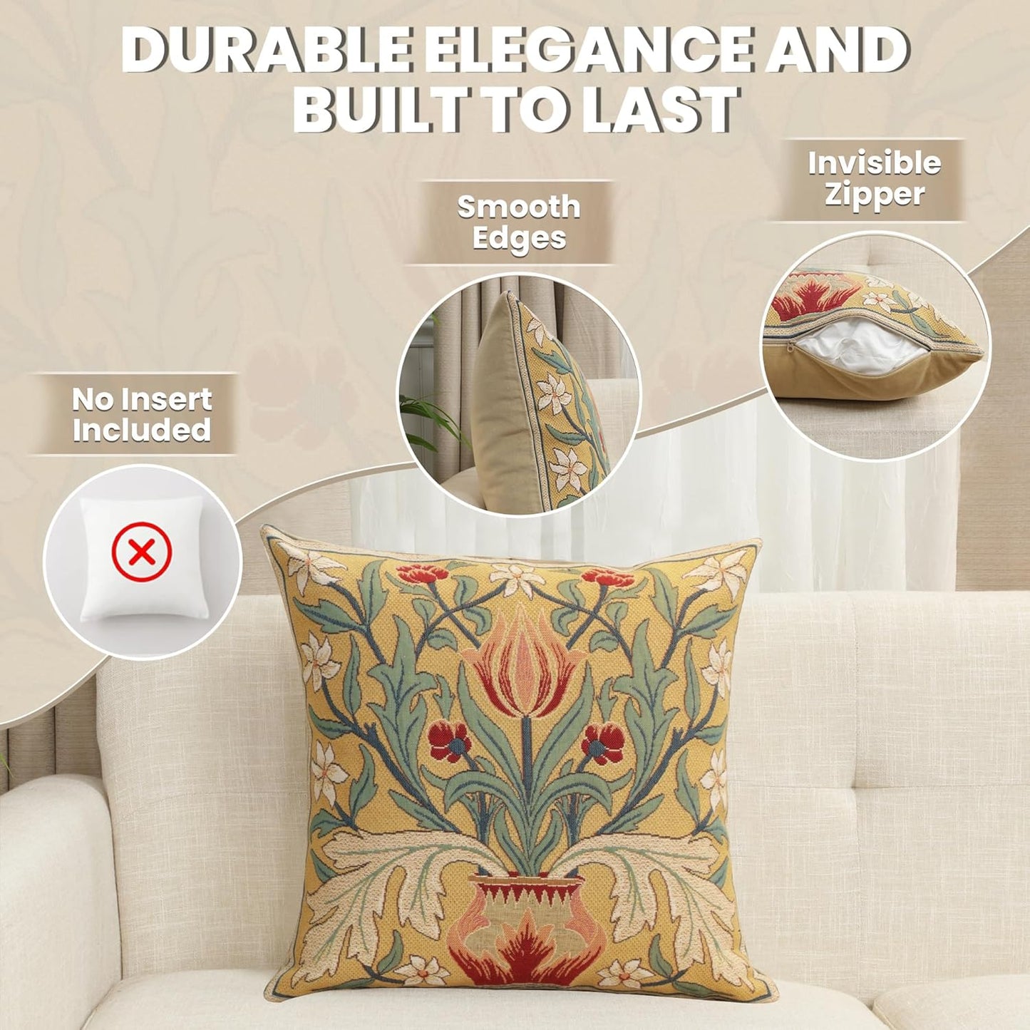 Charlotte Home Furnishings Throw Pillow Covers, Decorative Boho Pillow Covers for Couch, Living Room, Red Tulip Square Cushion Cases 18x18 in, European Cotton Jacquard Woven for Cozy Bedroom Decor