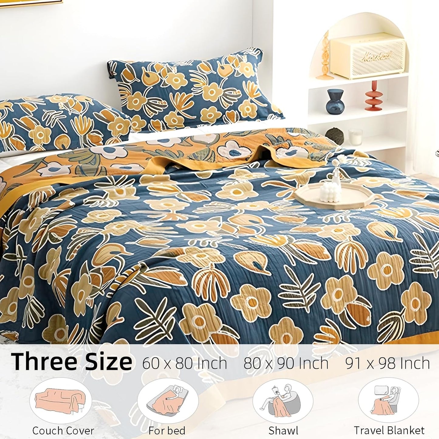 Boho Throw Blanket for Bed - 100% Pure Cotton Ultra Soft Rustic Quilt - Farmhouse Decor Bed Blankets, All Season Rustic Throw for Sofa Couch Chair(60"×80", Floral)