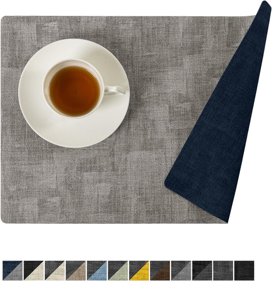 Romanstile Reversible Vinyl Placemats Set of 4, Faux Leather 100% Waterproof Oil-proof Wipeable Place Mats, Heat Resistant Dual Sided Table Mats for Kitchen/Dining/Party (Grey Nave Blue, 12 x 17 Inch)