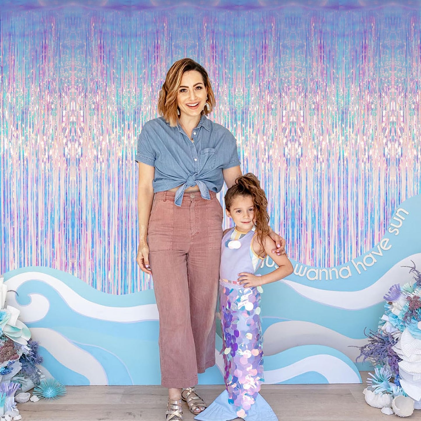 GOER 6.4 ft x 6.5 ft Metallic Tinsel Foil Fringe Curtains,Pack of 2 Party Streamer Backdrop for Mermaid Birthday Party Decorations(Neon Blue)