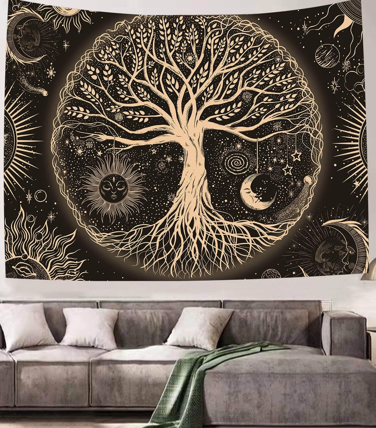 FORATER Tree of Life Tapestry Wall Hanging Sun Moon Stars Tapestries Aesthetic Galaxy Wall Tapestry Nature Home Decoration for Living Room Bedroom(61 x 82 Inch, Black and Gold)
