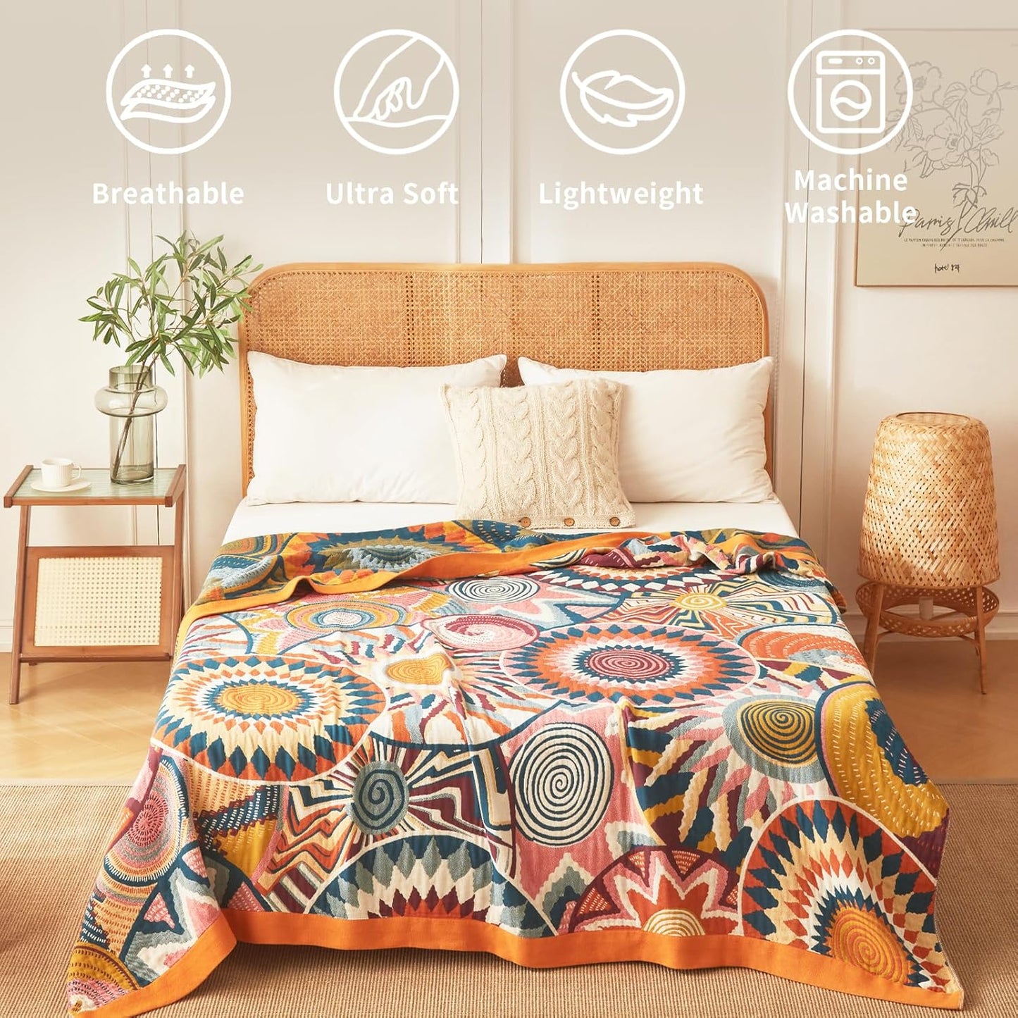 Vintage Throw Blanket Pure Cotton Soft Cozy Breathable Blanket for Couch Reversible Floral Printed Outdoor Throw Blanket Home Decor (60"x80",03-Colorful Art)