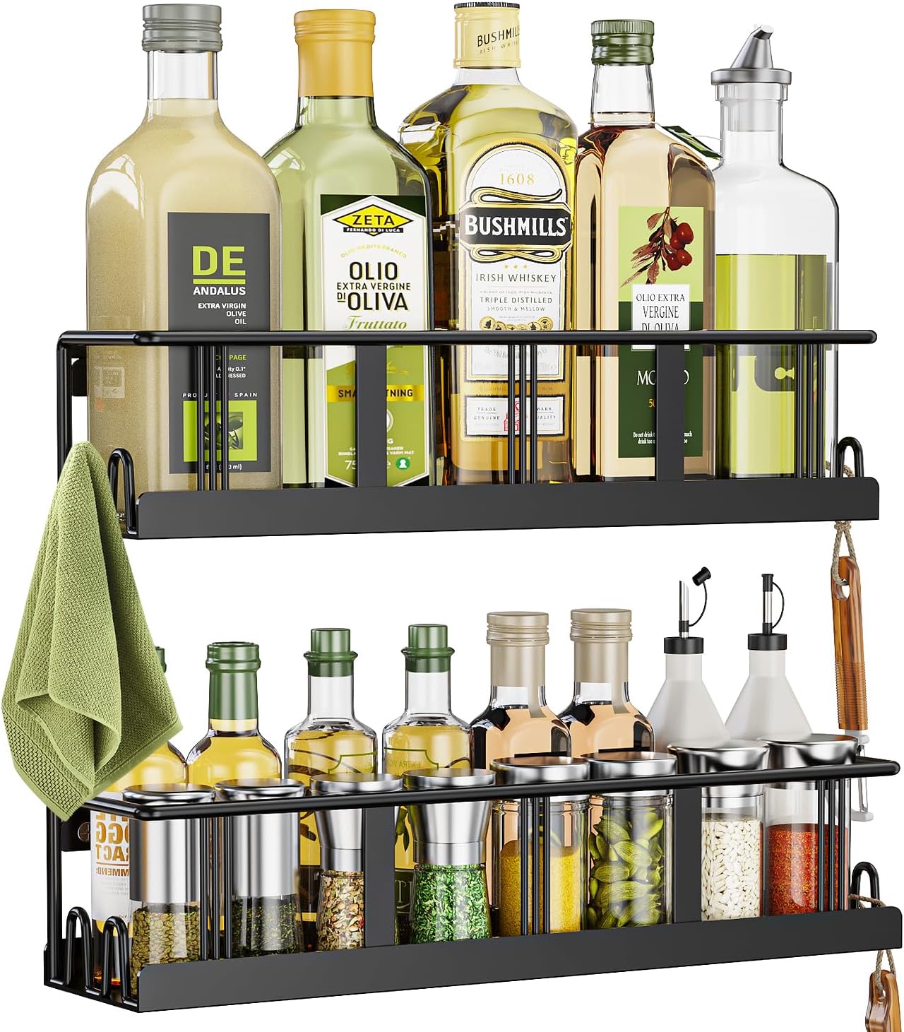 Spice Rack Wall Mounted 2 Pack, Space-Saving Spice Organizer for Spice Jars and Seasonings,Screw or Adhesive Hanging Spice Rack Organizer for Your Kitchen Cabinet,or Pantry Door